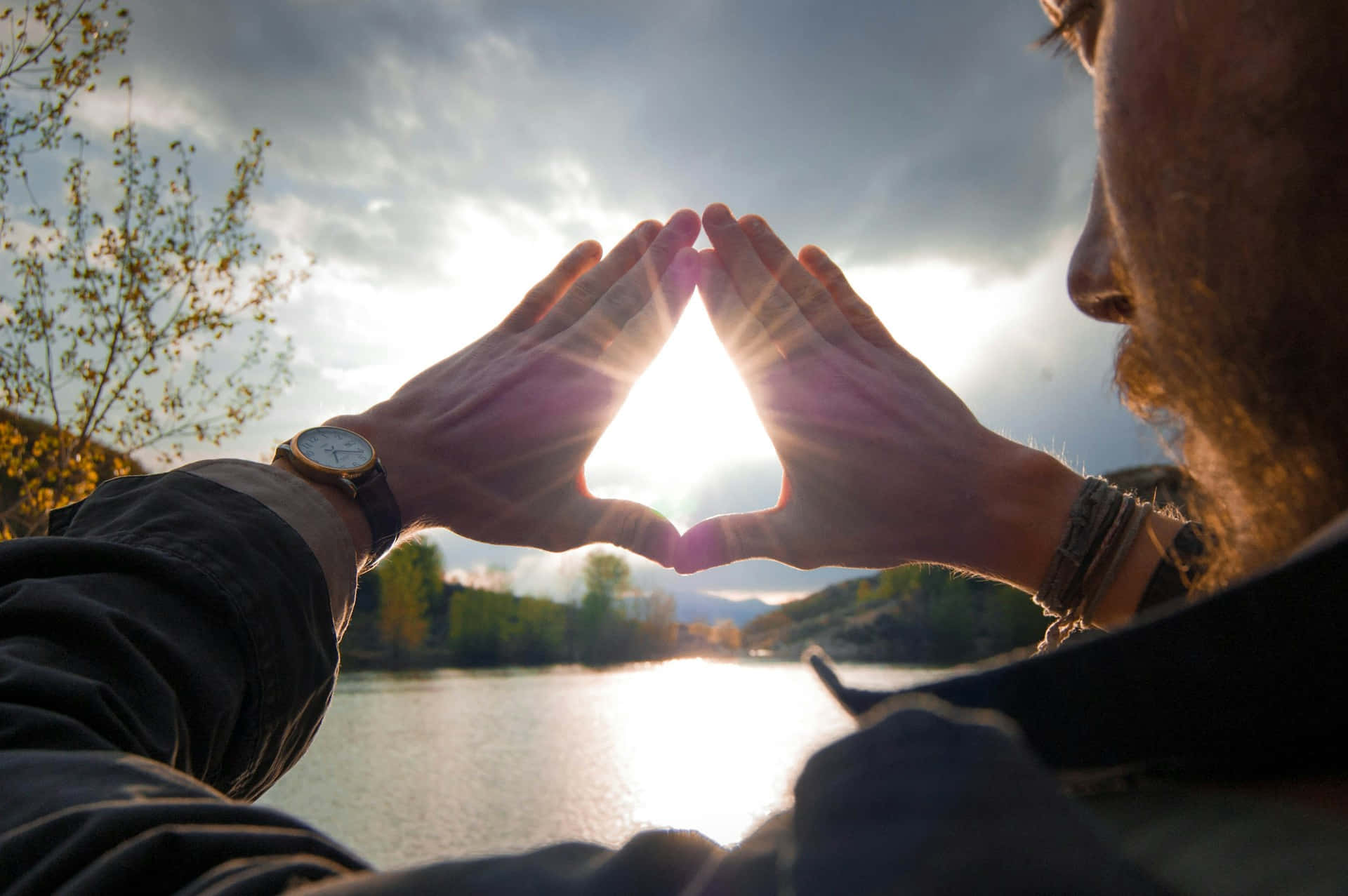 sunset, lake, hands, Full HD Desktop Wallpaper