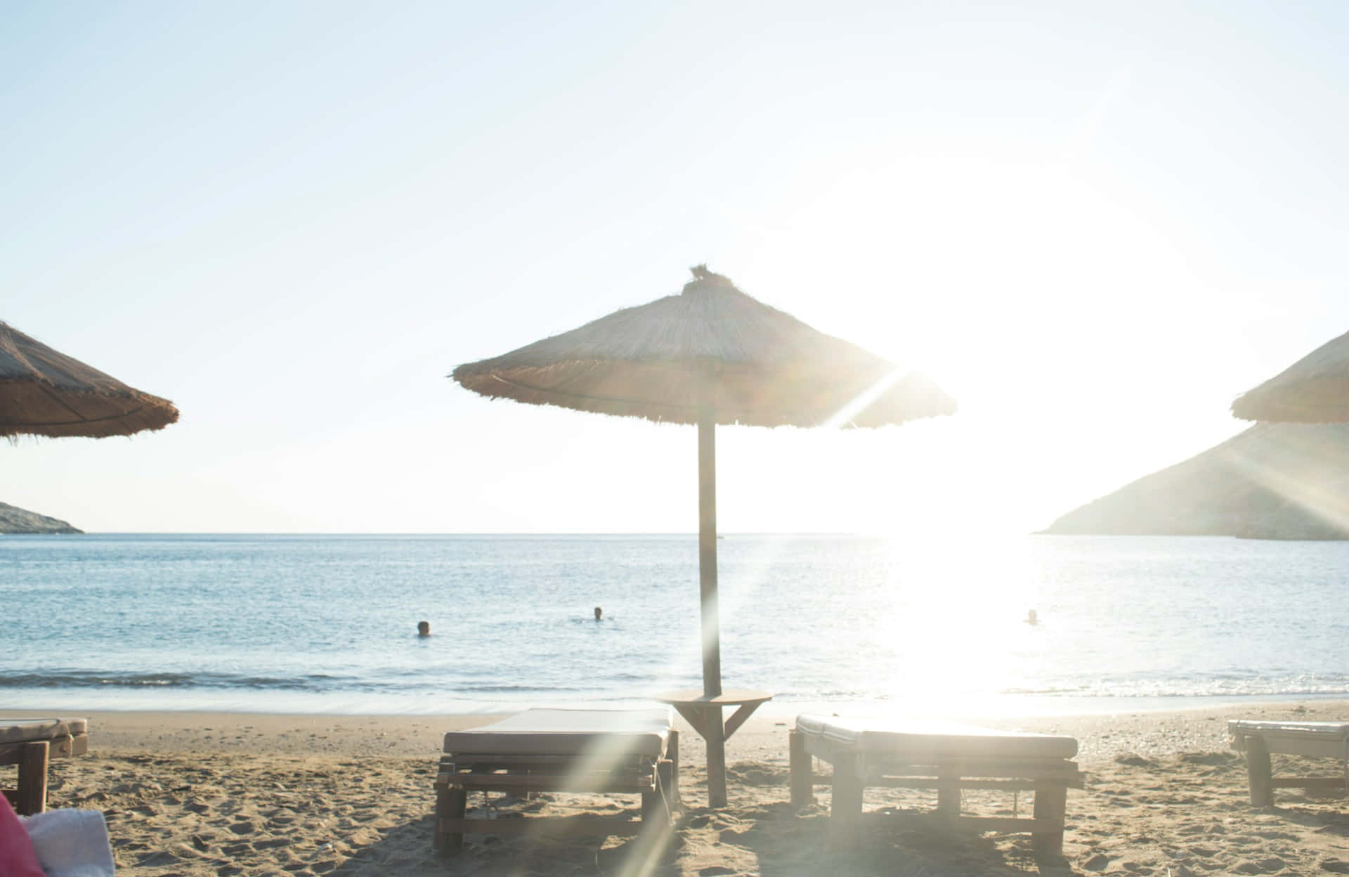 thatched umbrellas, sandy beach, wooden loungers, Full HD Desktop Wallpaper