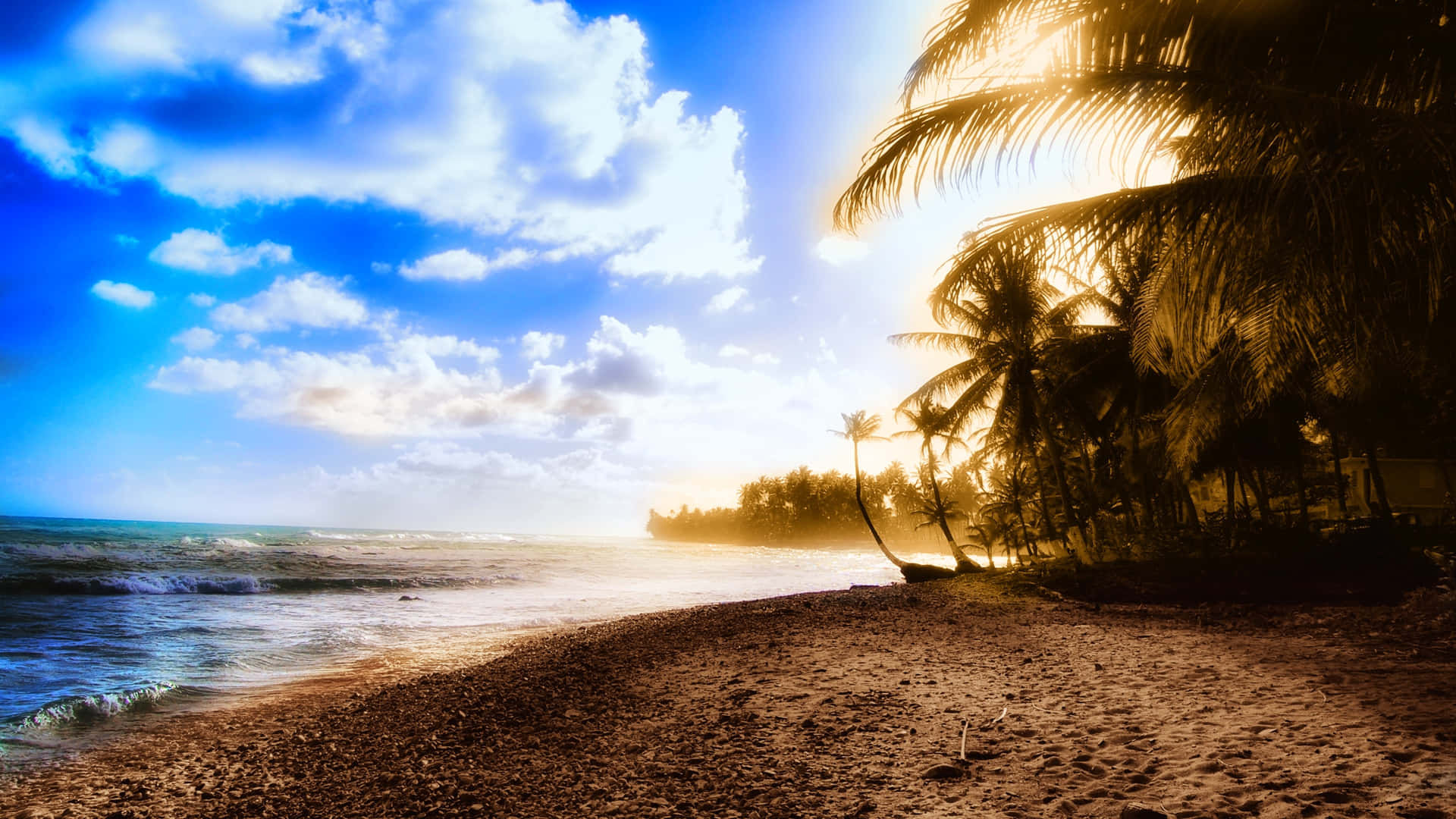Sunset, tropical beach, golden light, Full HD Desktop Wallpaper