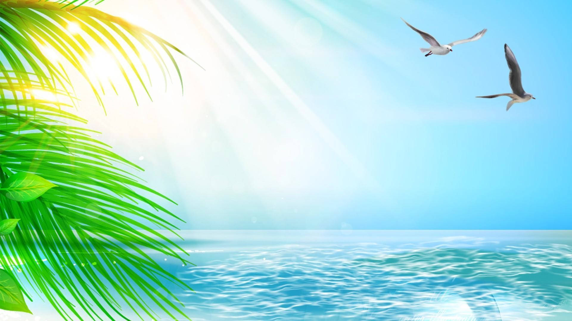 Sunshine, cartoon birds, palm fronds, Full HD Desktop Wallpaper