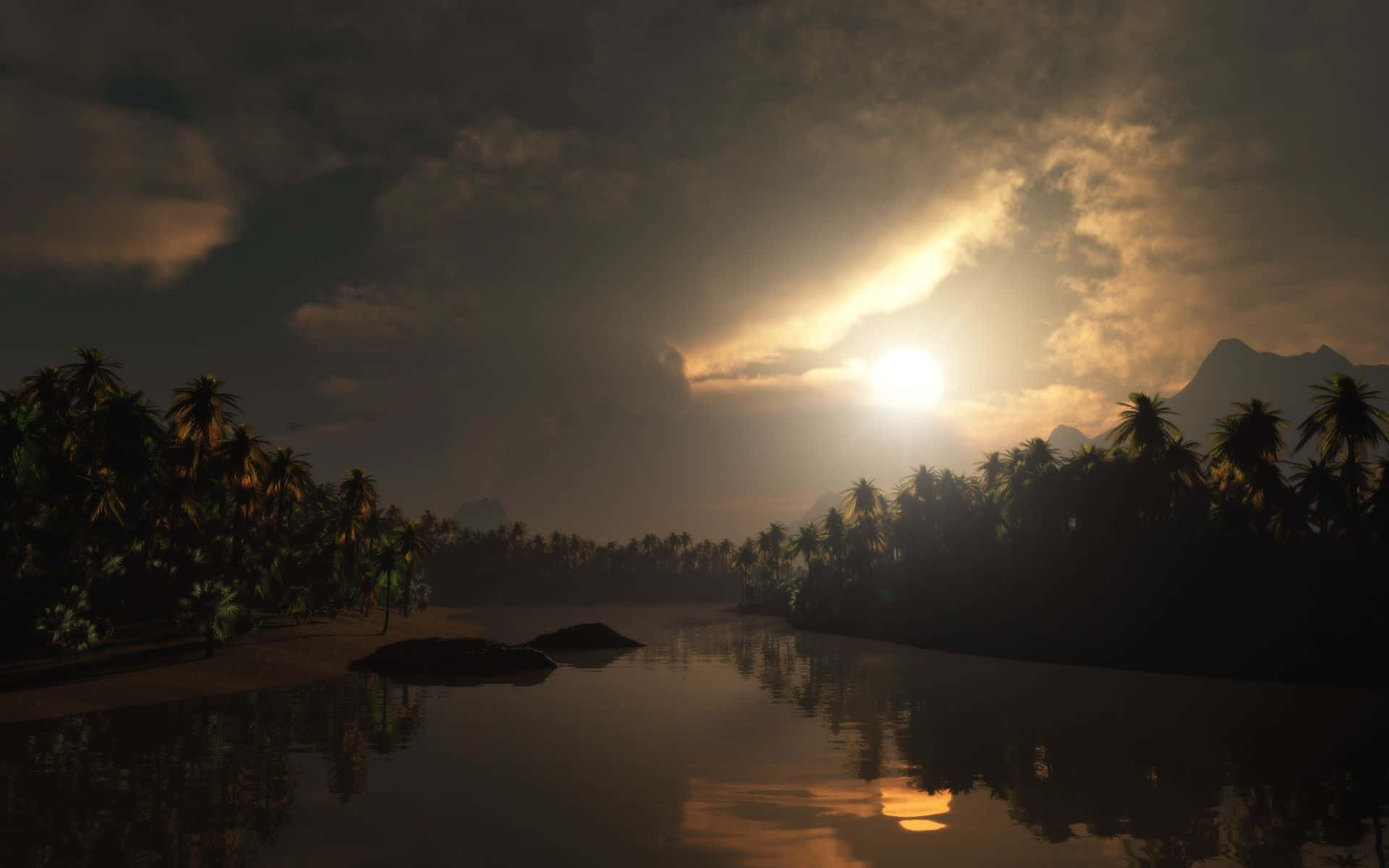 Sun, sunset, tropical river, Full HD Desktop Wallpaper