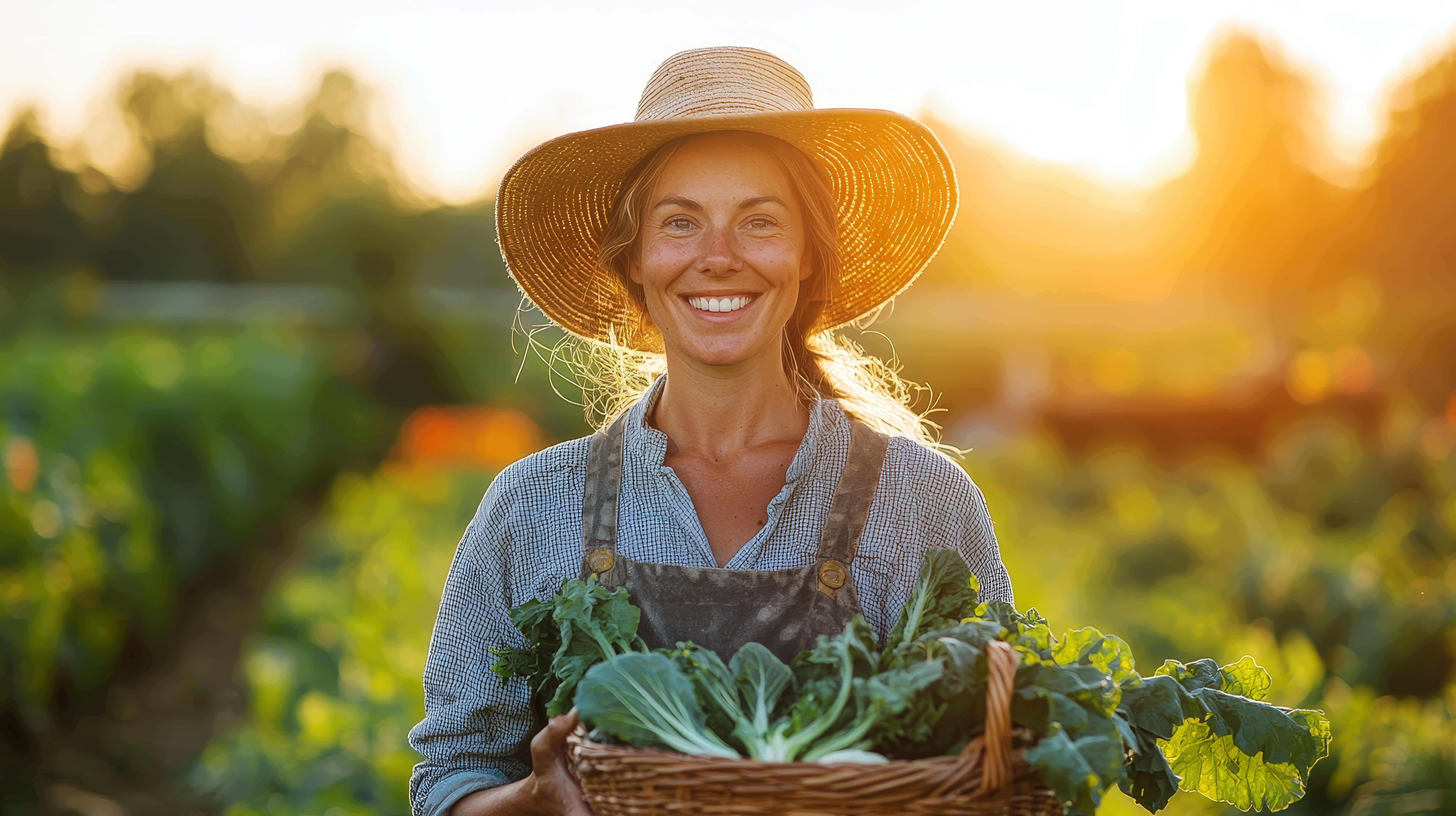 straw hat, basket of fresh green vegetables, sunlit garden, 8K Desktop Wallpaper