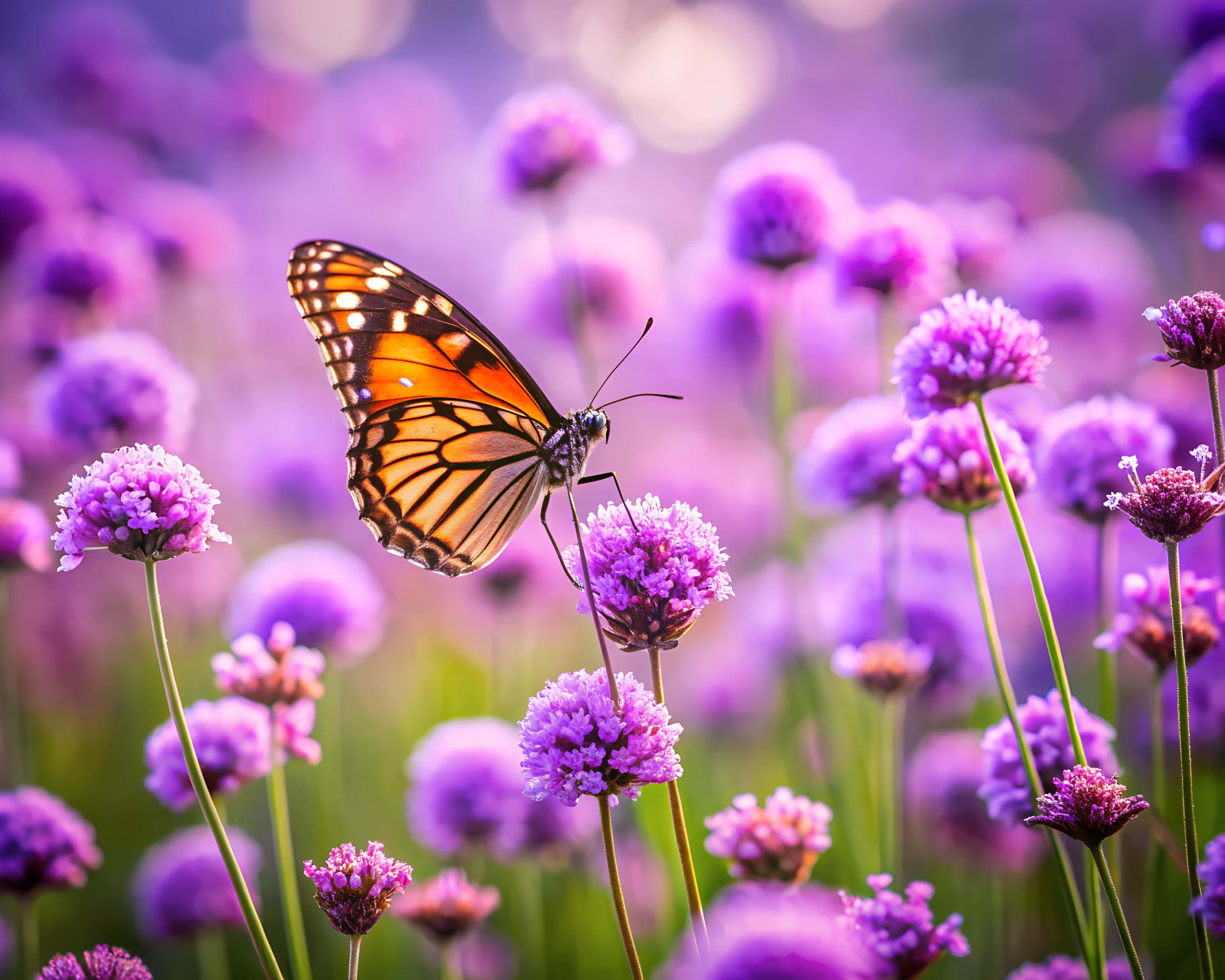 monarch butterfly, purple flower, dreamy field of blossoms, 4K Desktop Wallpaper