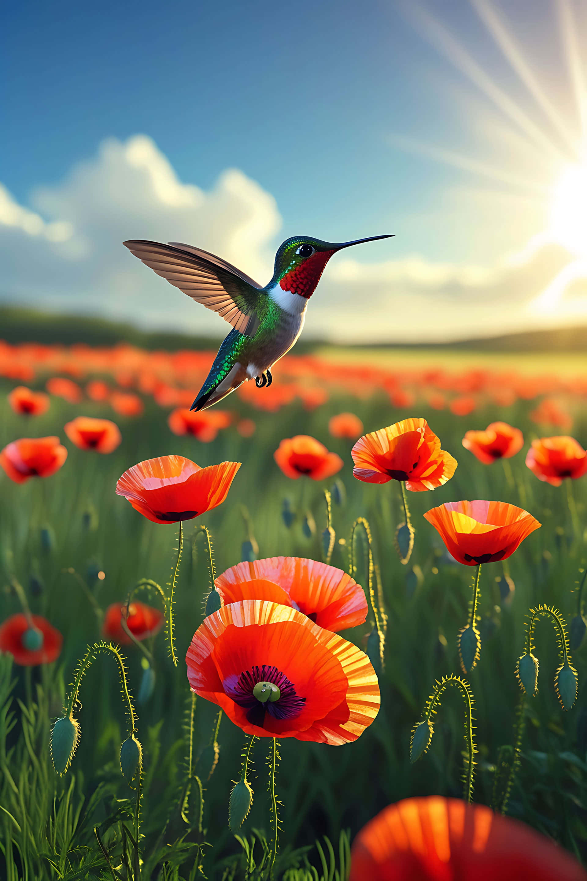 hummingbird, poppy field, red poppies, 2K Phone Wallpaper