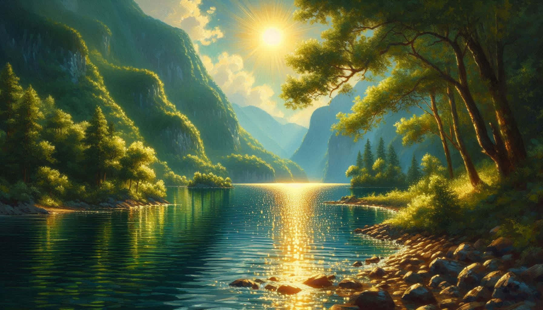 Sunshine, river, lush green mountains, HD Desktop Wallpaper