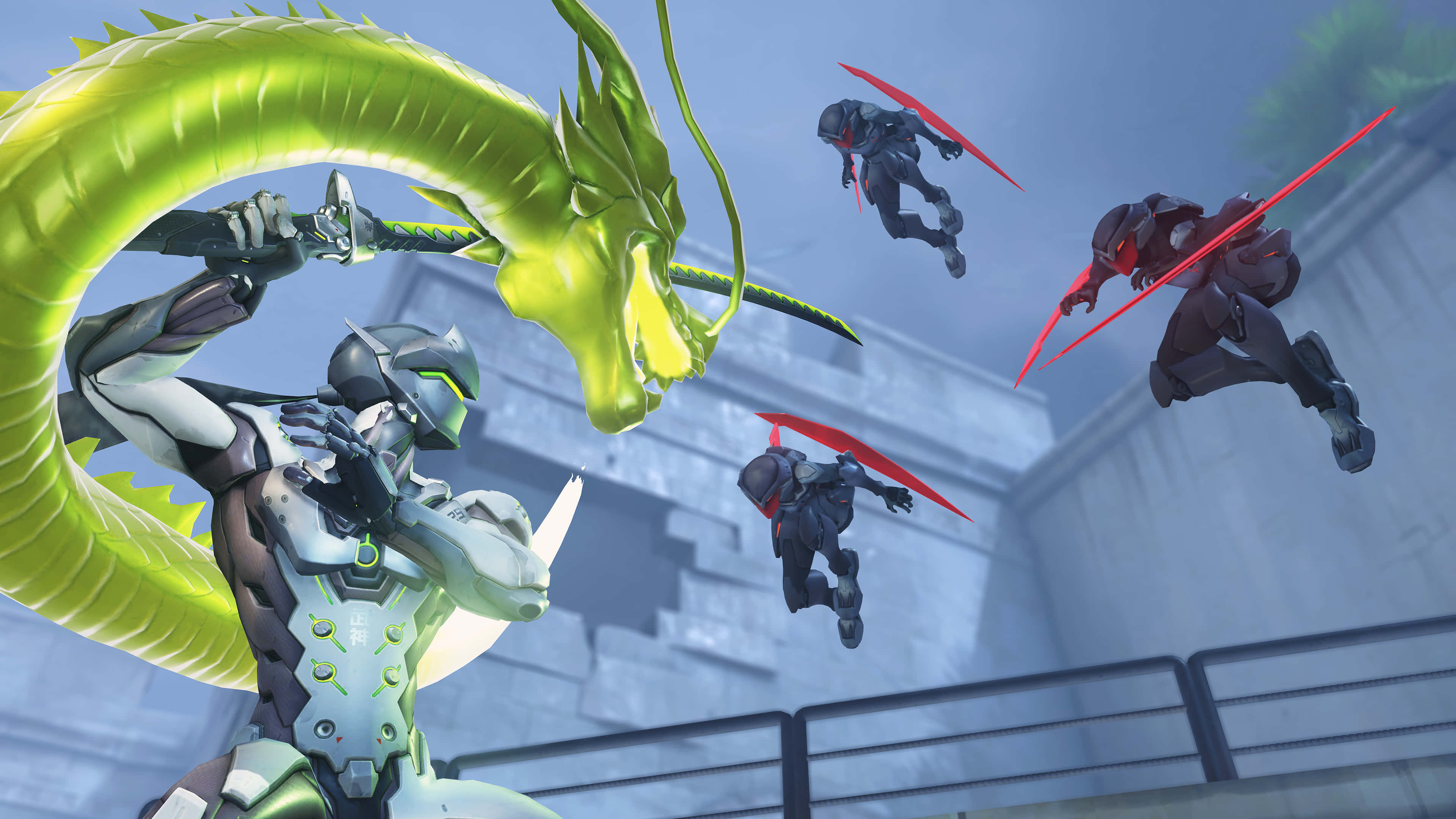 Genji 4K, glowing green dragon, red-winged fighters, 4K Desktop Wallpaper