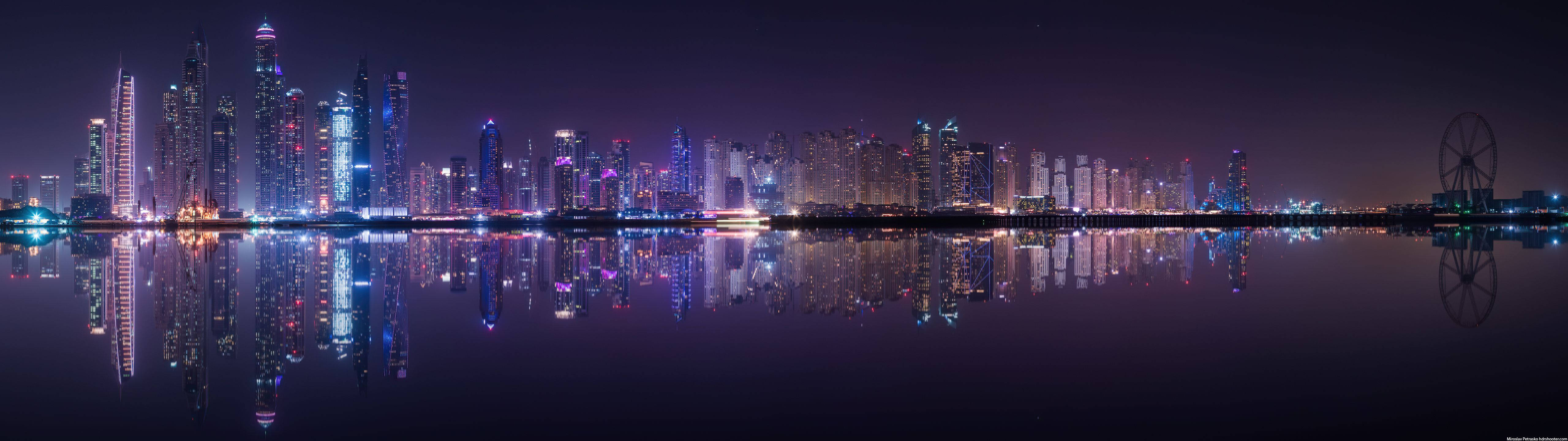 Ultrawide Display, Dubai skyline, calm water, 5K Desktop Wallpaper