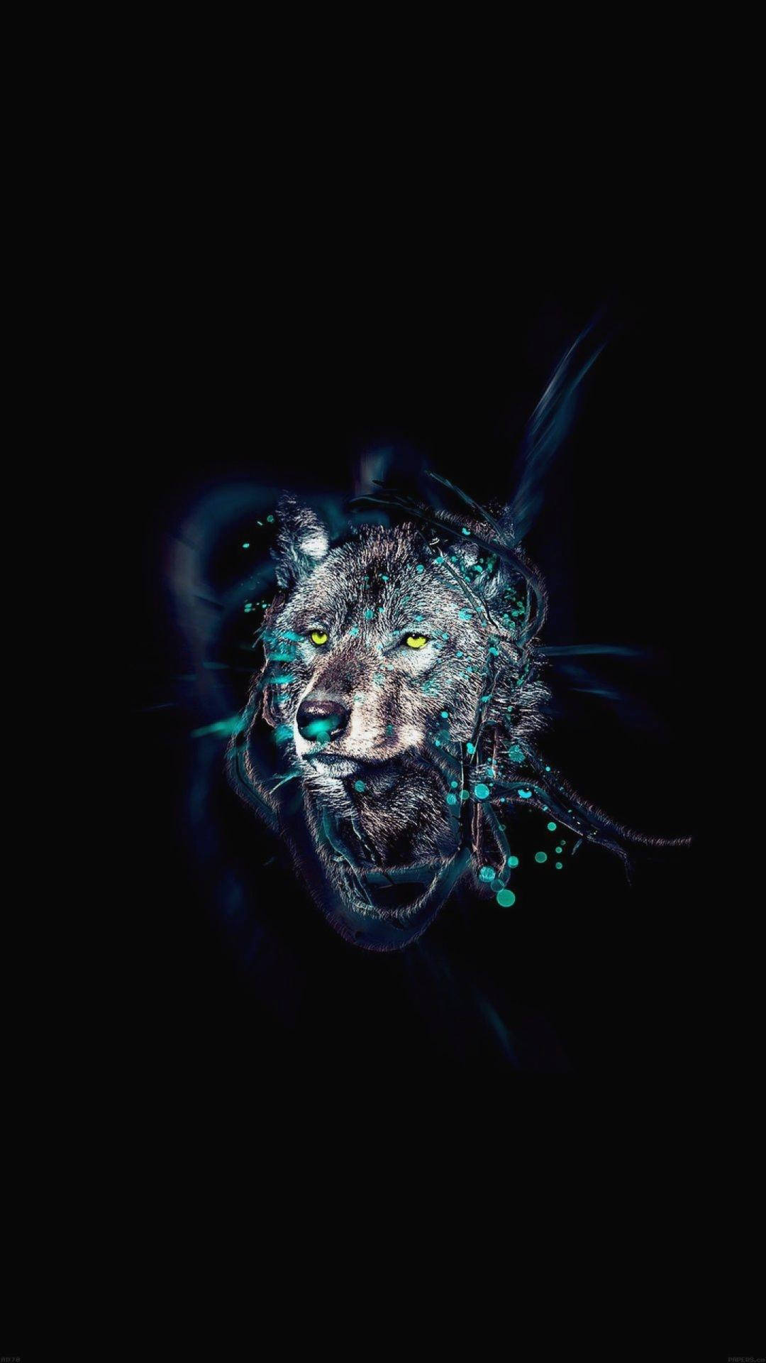 Super Amoled, white wolf, electric blue particles, Full HD Phone Wallpaper