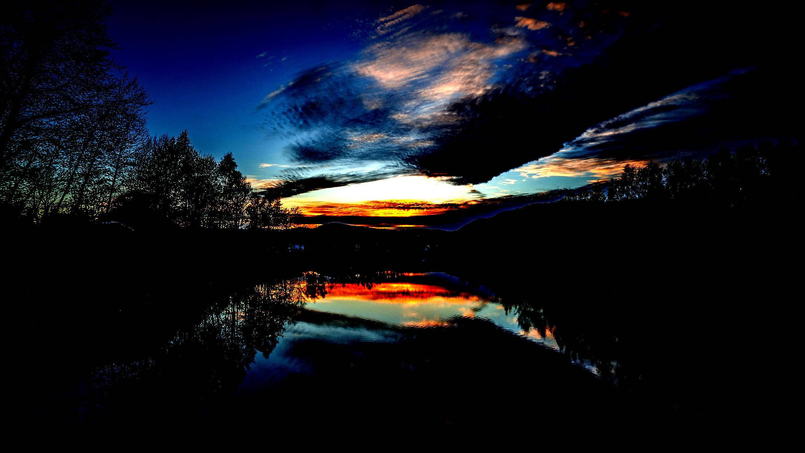 Super Amoled, sunset, calm lake, 2K Desktop Wallpaper