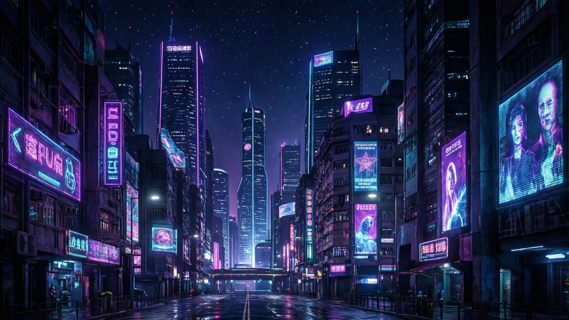 neon-lit city street, towering skyscrapers, purple and blue glow, Full HD Desktop Wallpaper