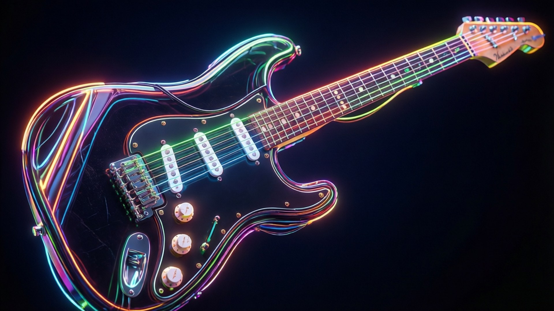 black electric guitar, vibrant neon lights, dark background, Full HD Desktop Wallpaper