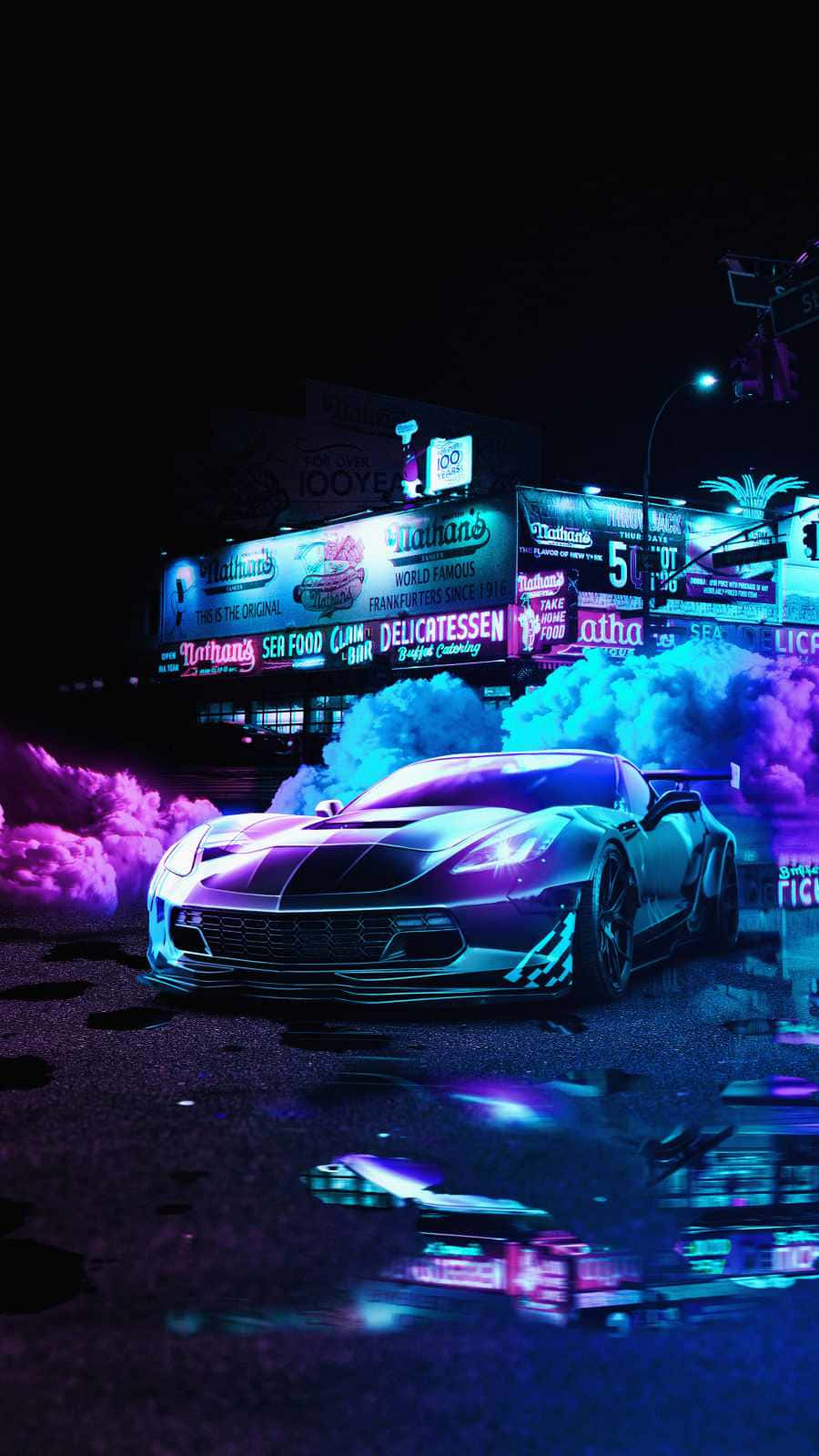 supercar, neon-lit city streets, night, HD Phone Wallpaper