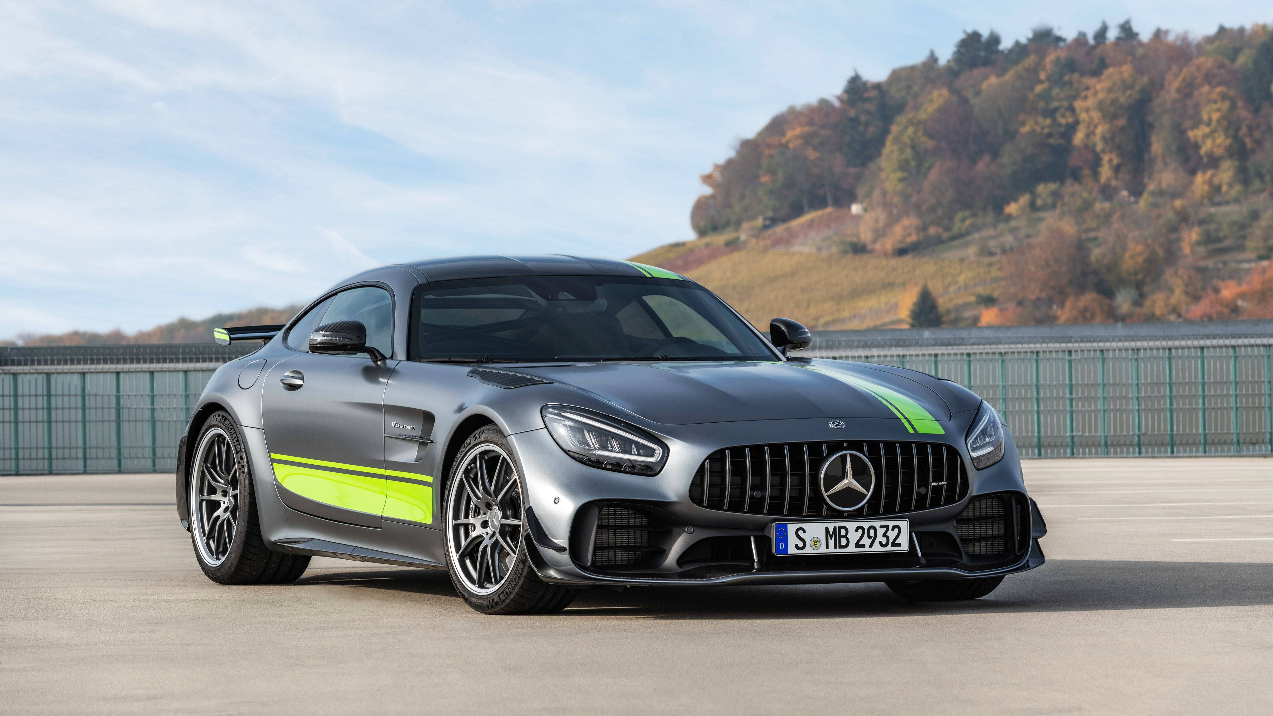 2019 Mercedes AMG GTR PRO, silver, neon green stripes, 4K Desktop Wallpaper