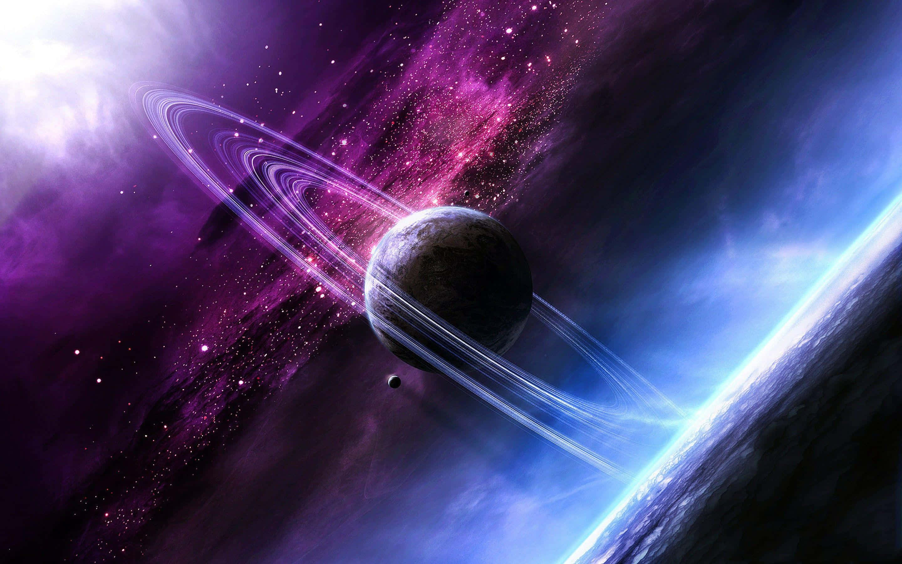 ringed planet, purple nebulae, starfields, 2K Desktop Wallpaper