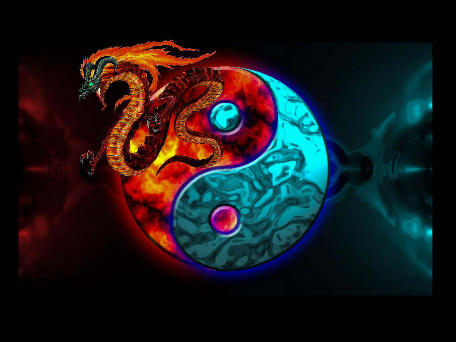 fiery red dragon, glowing yin yang symbol, blue and red halves, HD Desktop Wallpaper