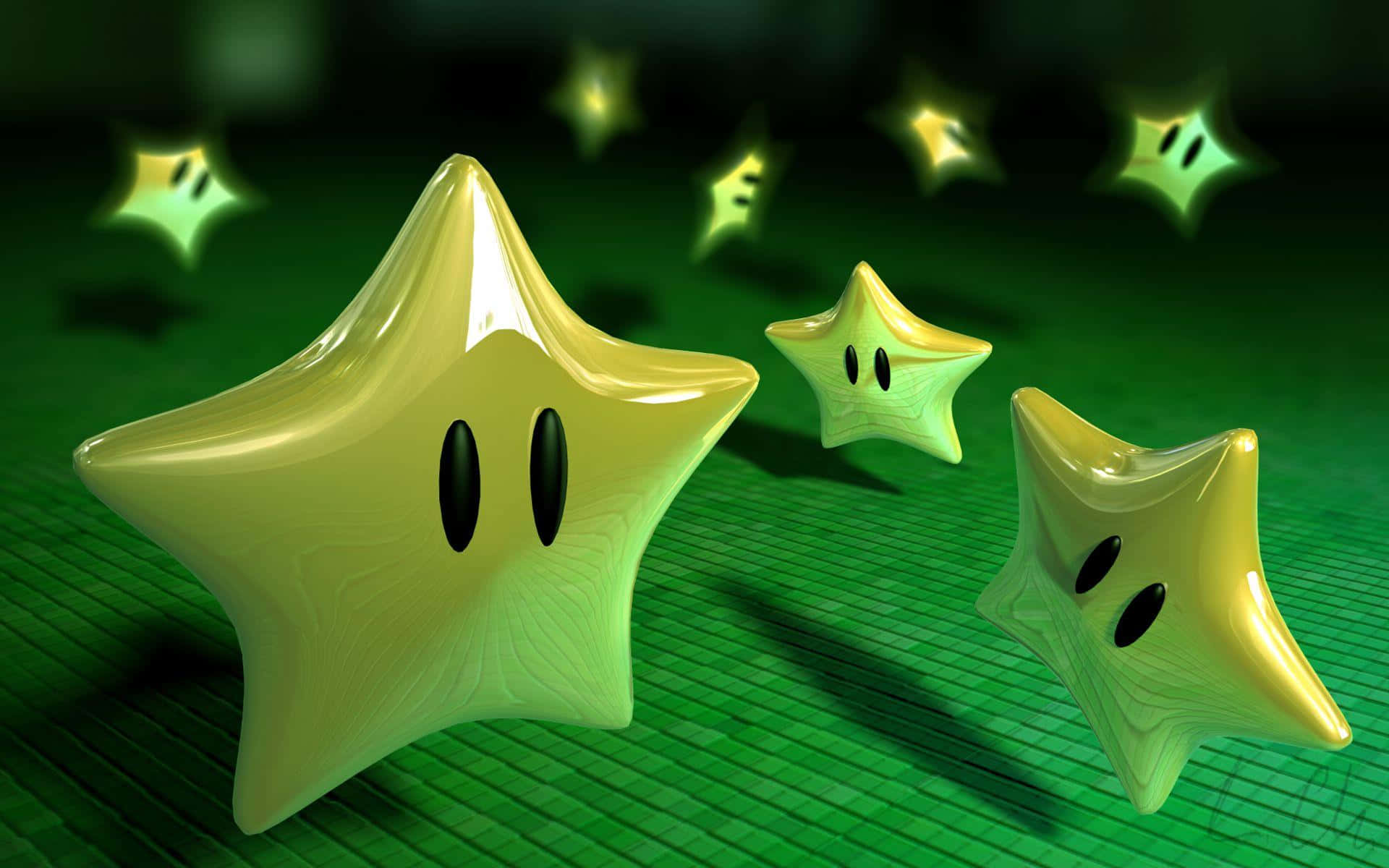glossy yellow star characters, black eyes, green grid floor, Full HD Desktop Wallpaper