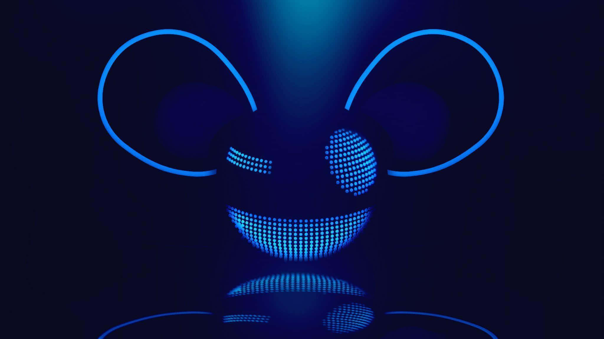 glowing blue pixelated smiley face, large ears, reflective surface, Full HD Desktop Wallpaper
