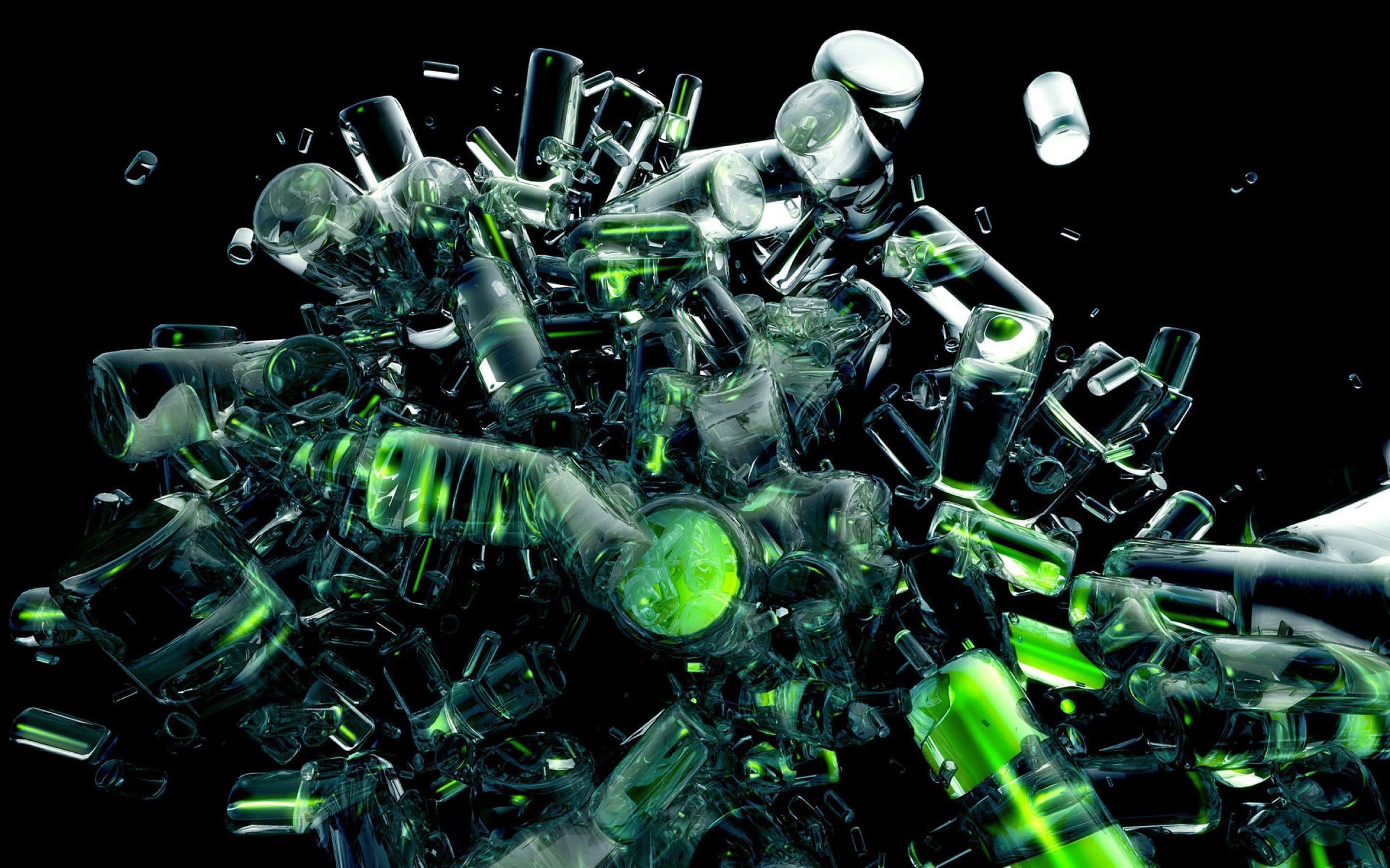 green glass bottles, black background, neon highlights, 2K Desktop Wallpaper