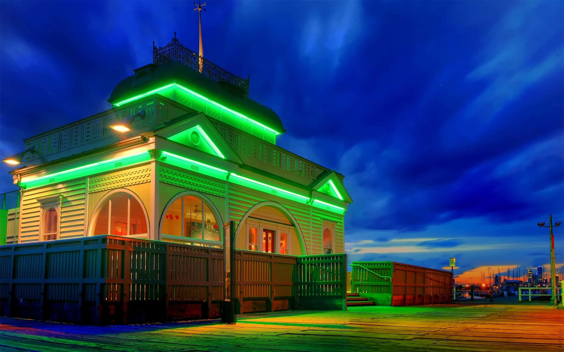 Super Cool, vibrant green neon lights, twilight sky, Full HD Desktop Wallpaper