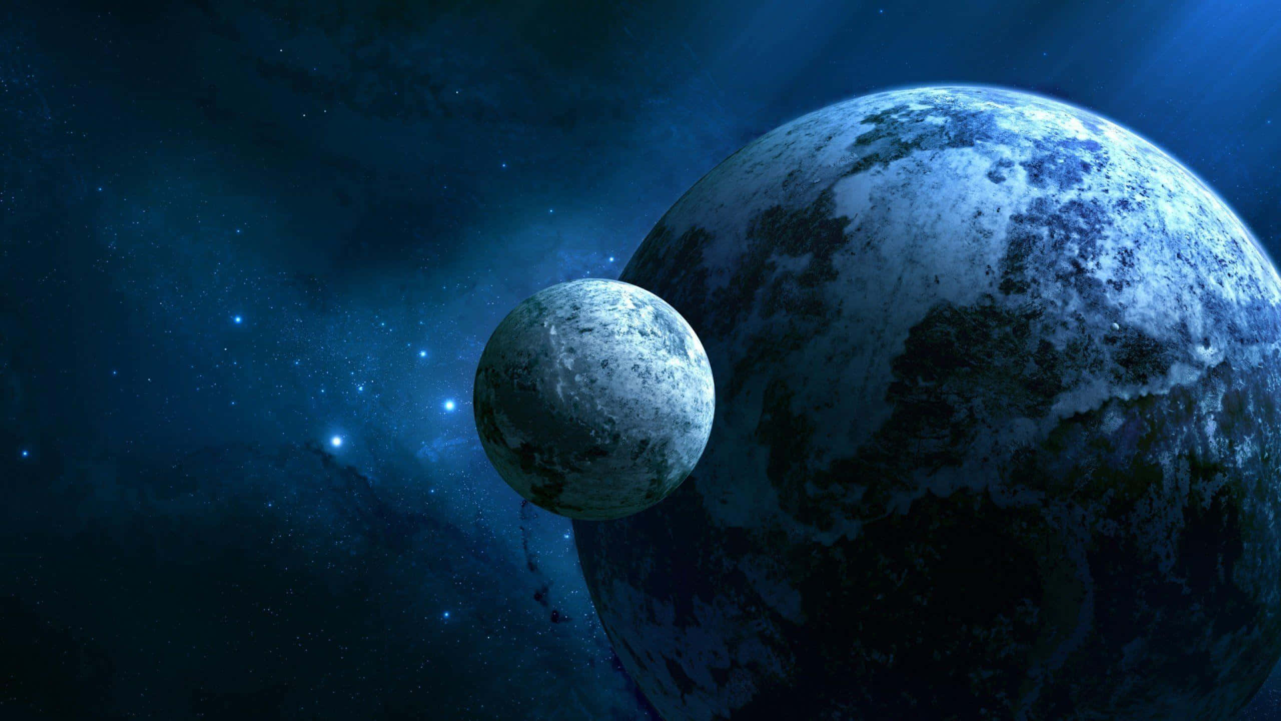 blue planet, swirling clouds, smaller moon, 2K Desktop Wallpaper