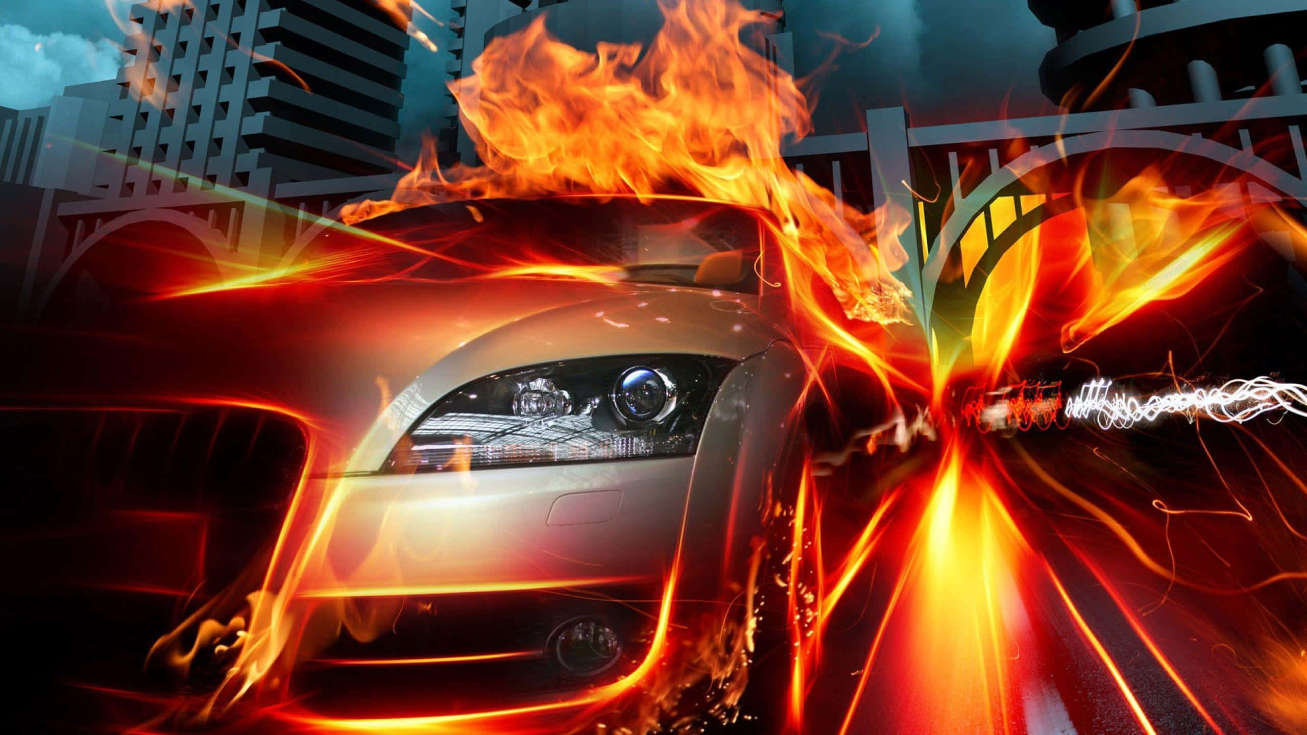 Super Cool, silver sports car, fiery orange flames, 2K Desktop Wallpaper