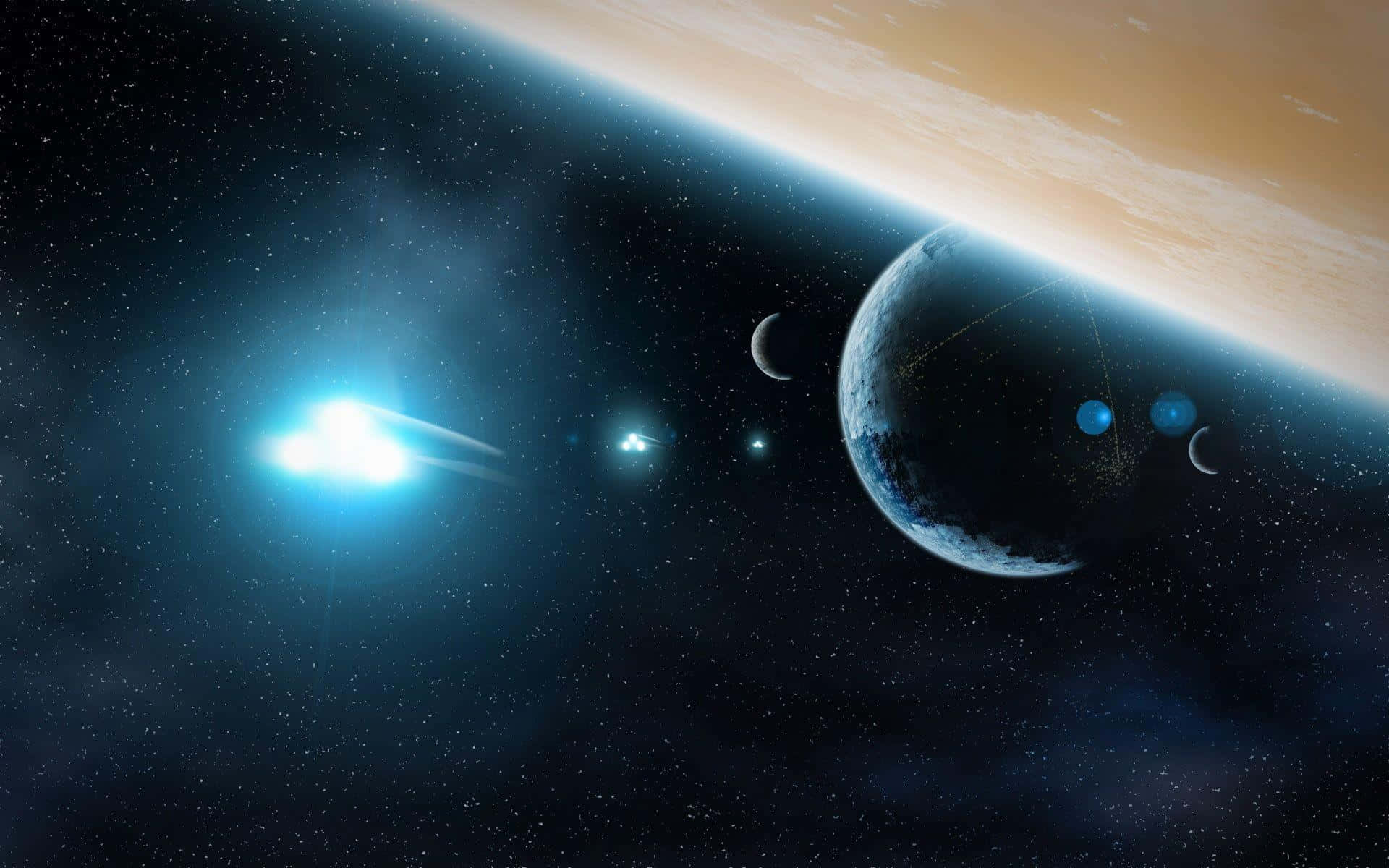 glowing blue star, planet with rings, moons, Full HD Desktop Wallpaper