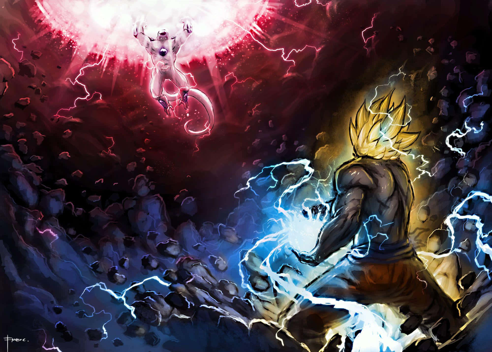 Super Dragon Ball, golden-haired warrior, blue lightning, Full HD Desktop Wallpaper