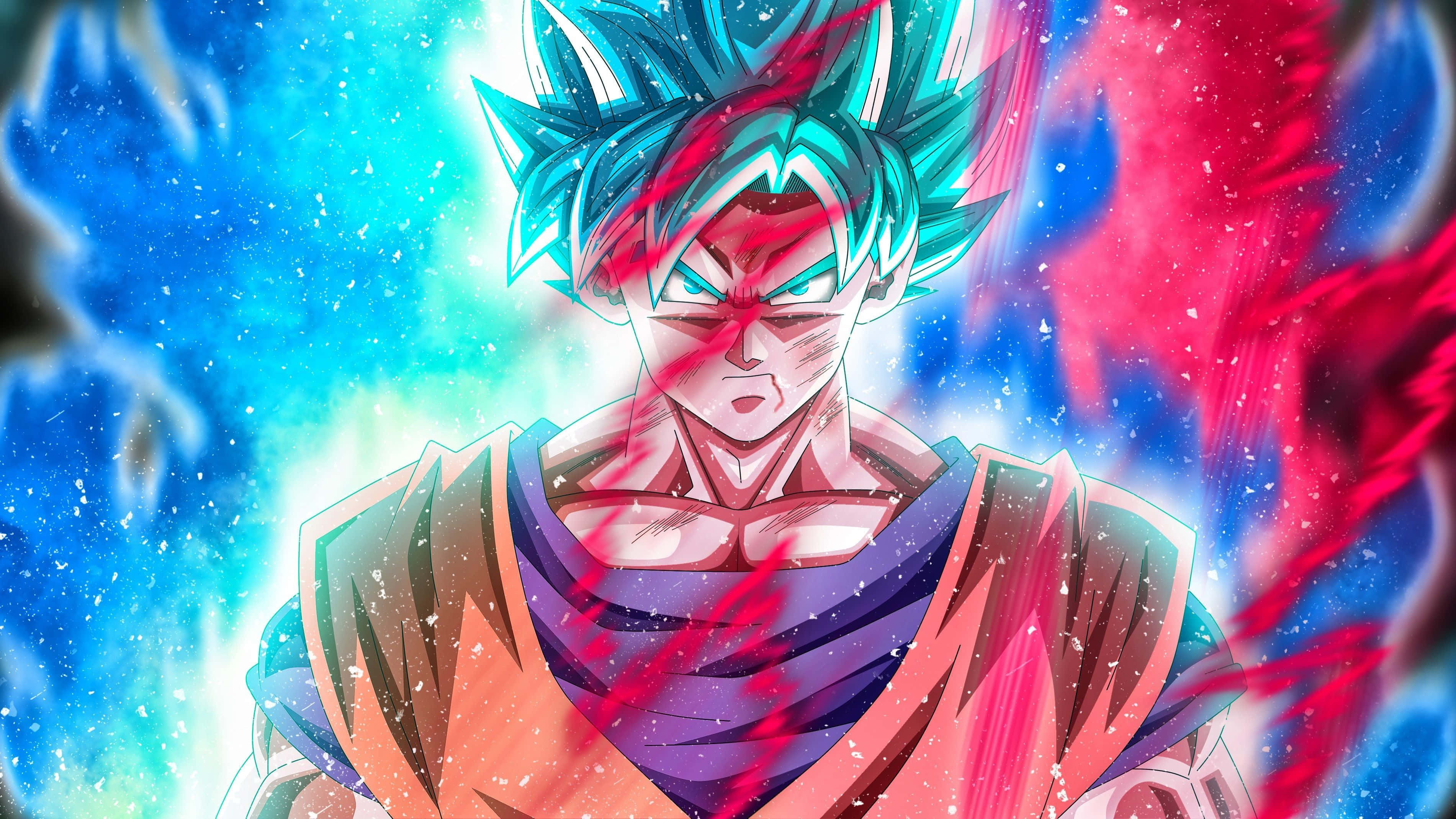 Super Dragon Ball, spiky blue hair, glowing eyes, 2K Desktop Wallpaper
