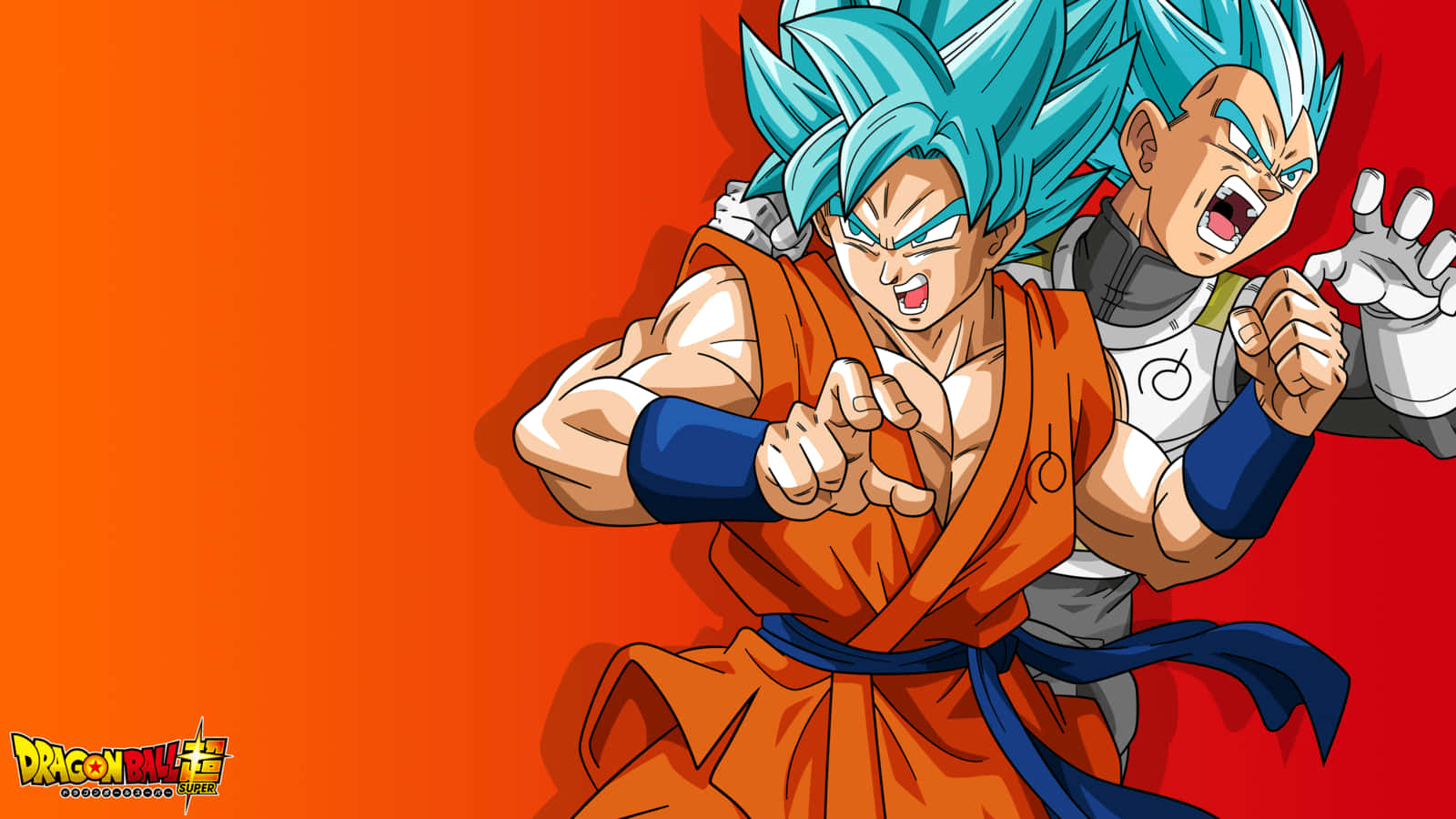 Super Dragon Ball, blue-haired Saiyan warriors, fiery orange gradient background, HD Desktop Wallpaper