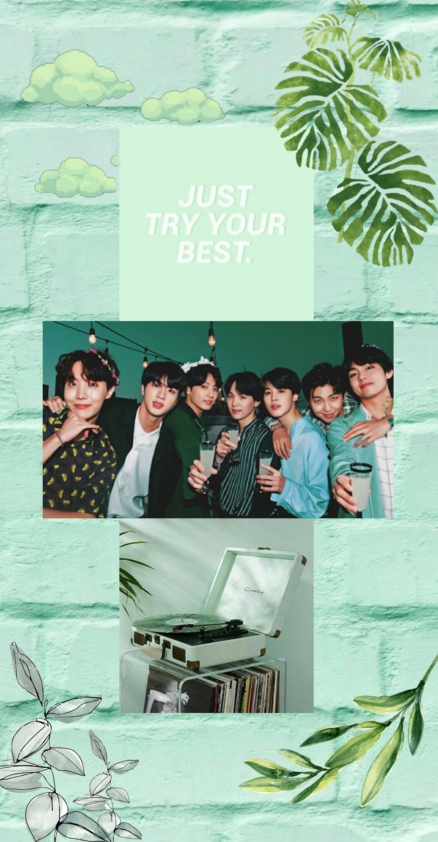 Super Light Green, mint green, brick wall collage, 2K Phone Wallpaper