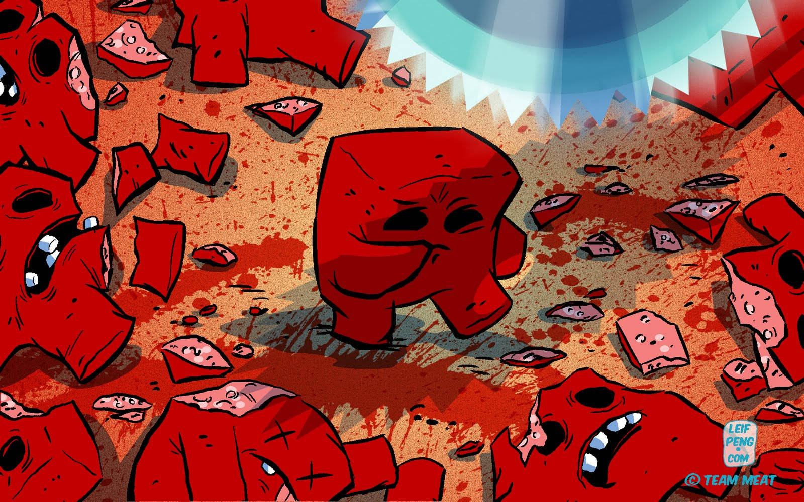 Super Meat Boy, red block character, shattered red fragments, HD Desktop Wallpaper