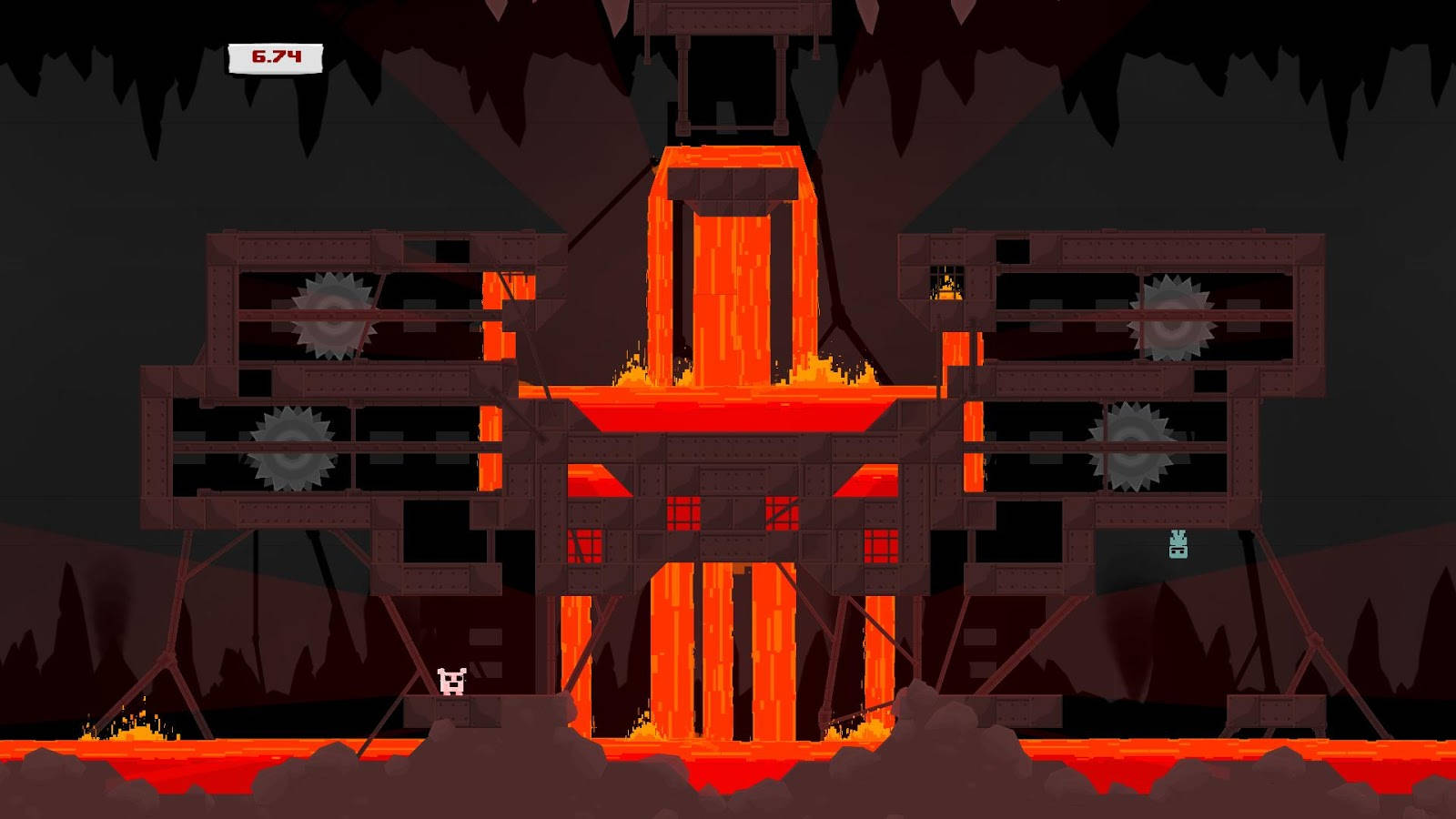 Super Meat Boy Fire, white character, glowing orange lava furnace, HD Desktop Wallpaper