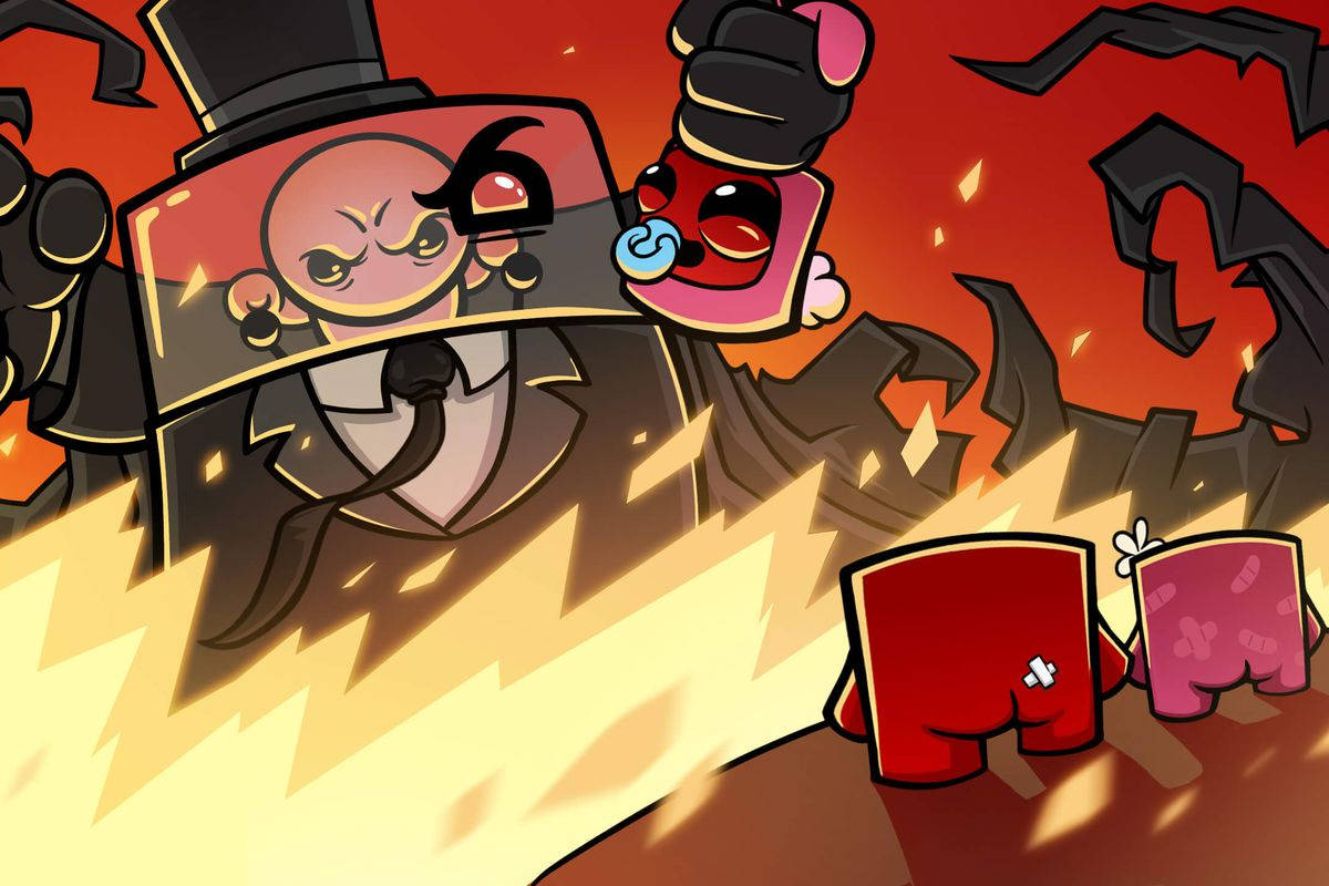 Super Meat Boy, fiery battle scene, exaggerated expressions, SD Desktop Wallpaper