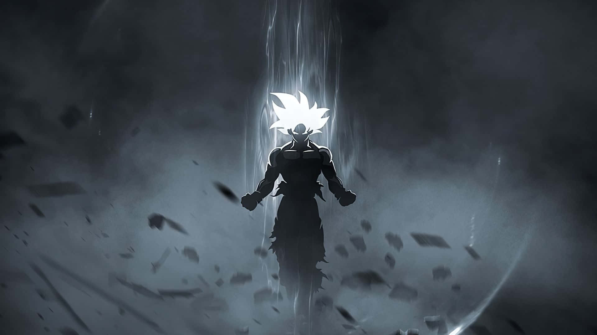 Super Saiyan, glowing white hair, silhouetted anime warrior, Full HD Desktop Wallpaper