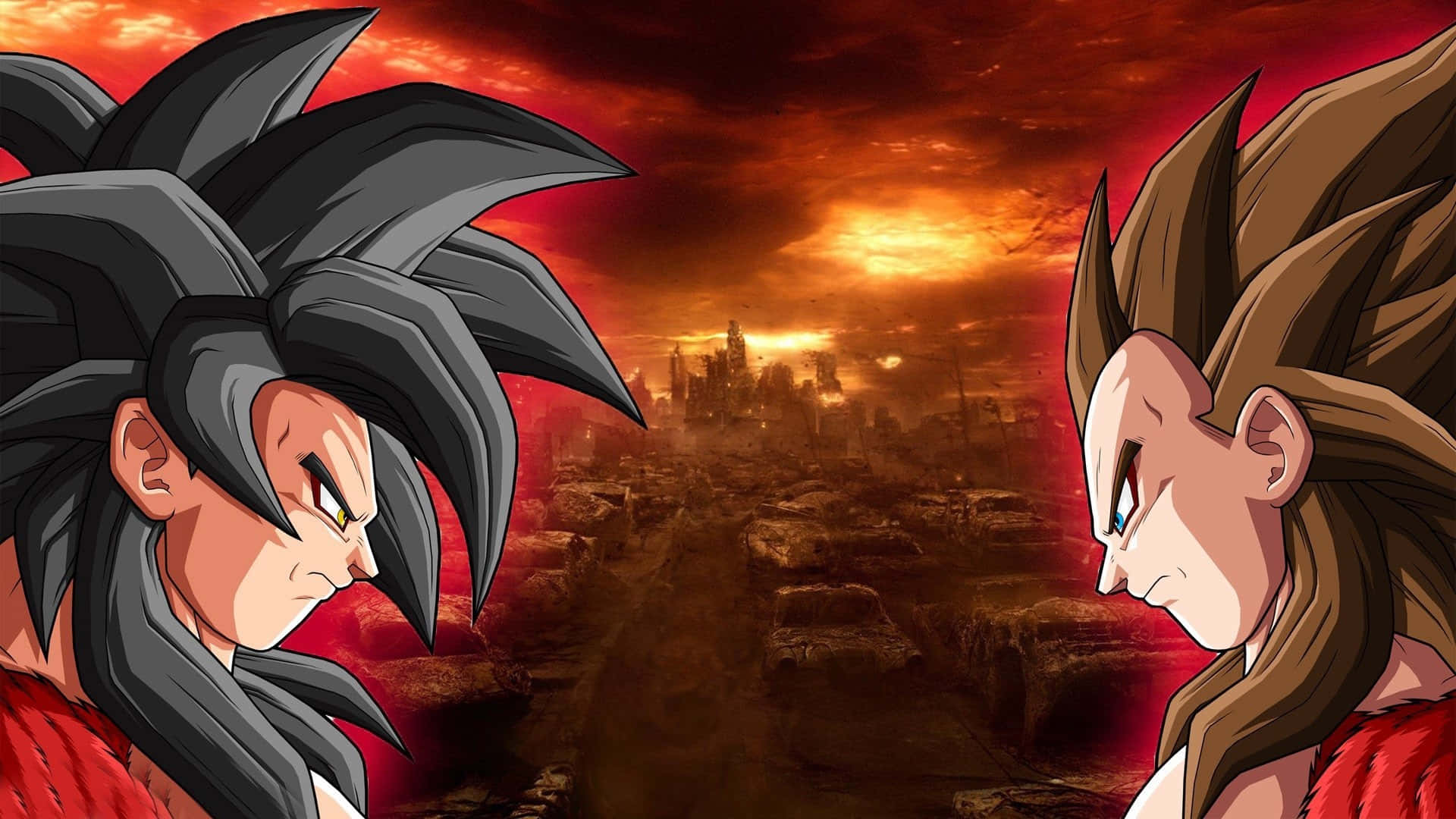 Super Saiyan 4, anime warriors, fiery apocalyptic landscape, Full HD Desktop Wallpaper