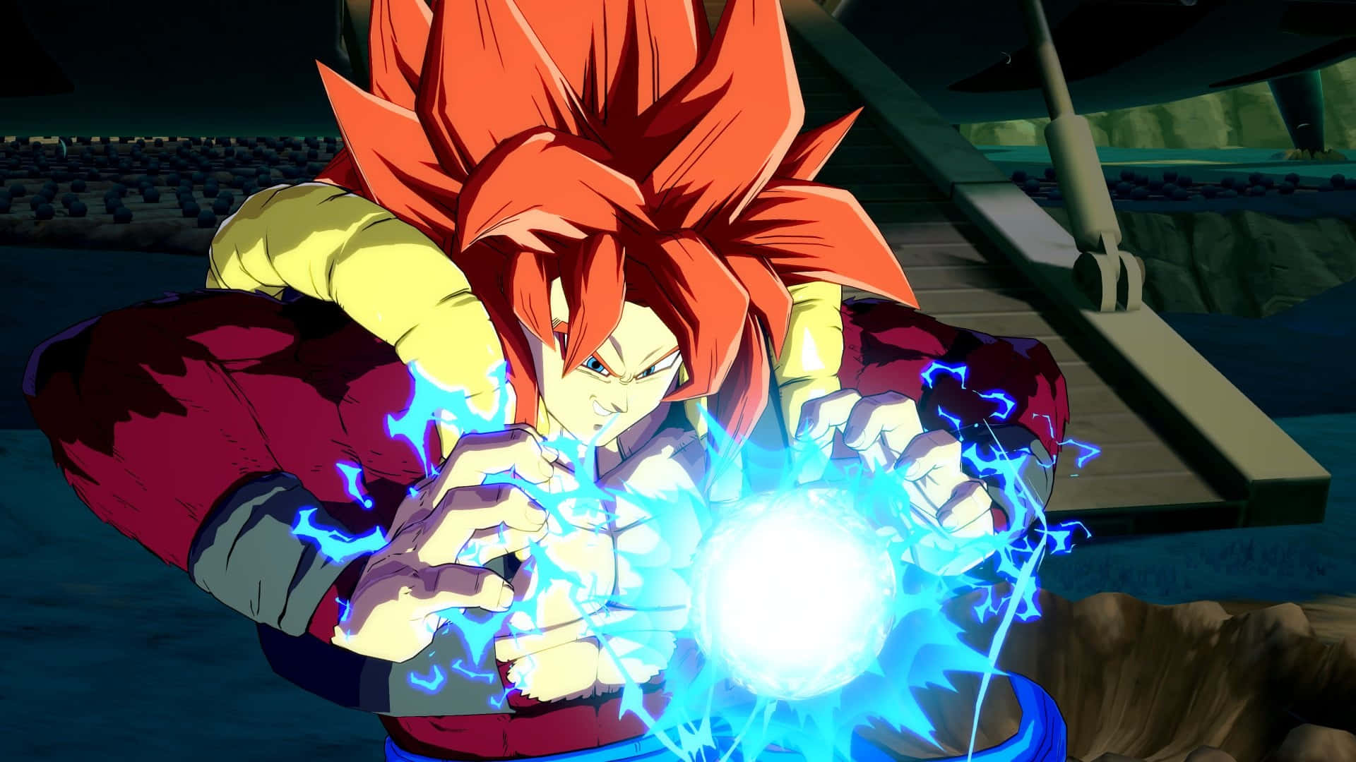 Super Saiyan 4, spiky red hair, blue energy, Full HD Desktop Wallpaper