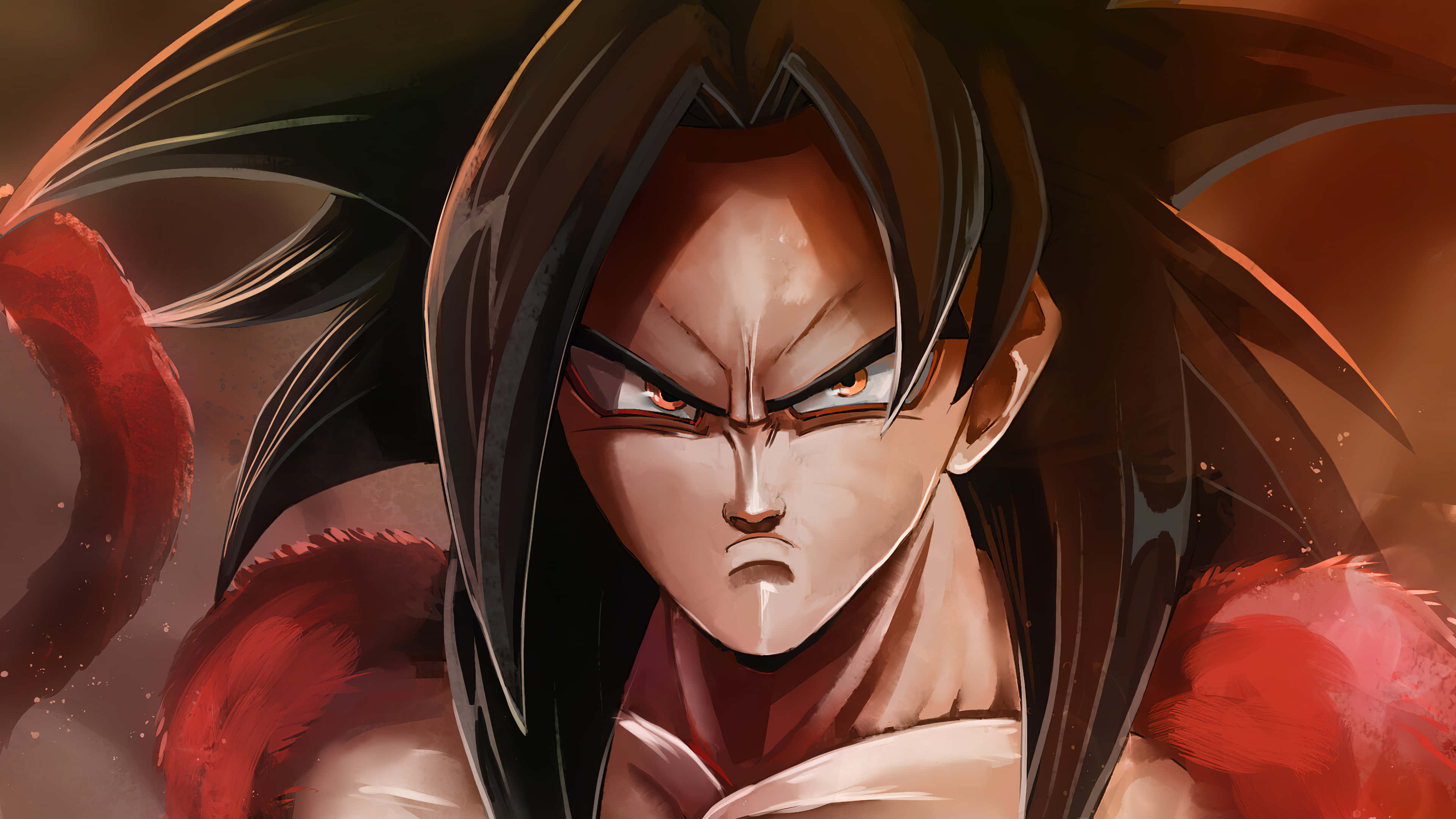 Super Saiyan 4, spiky black hair, glowing orange eyes, 4K Desktop Wallpaper