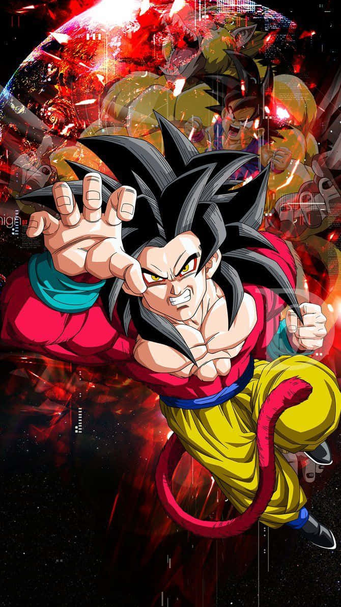 Super Saiyan 4, black spiky hair, red aura, SD Phone Wallpaper