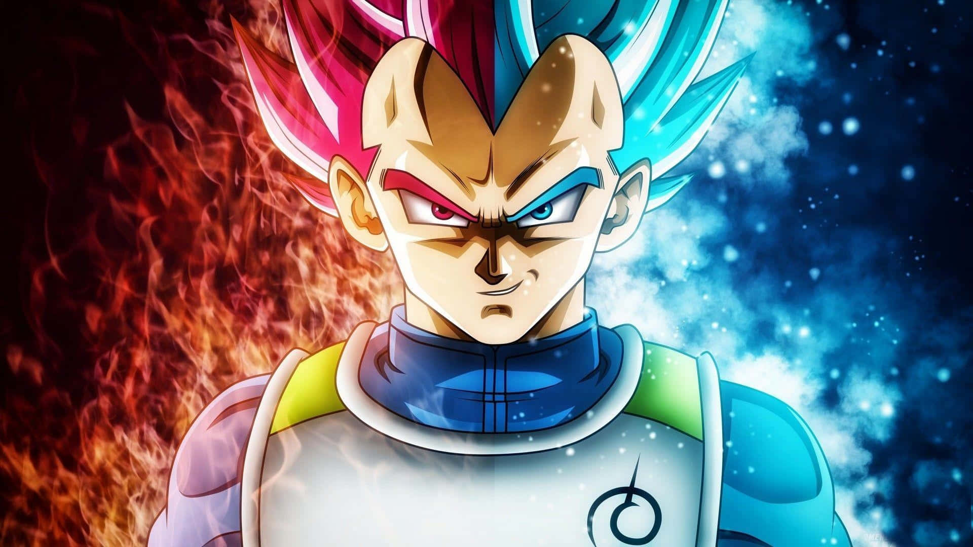 Super Saiyan Blue, spiky pink and blue hair, fiery red and cosmic blue starry background, Full HD Desktop Wallpaper