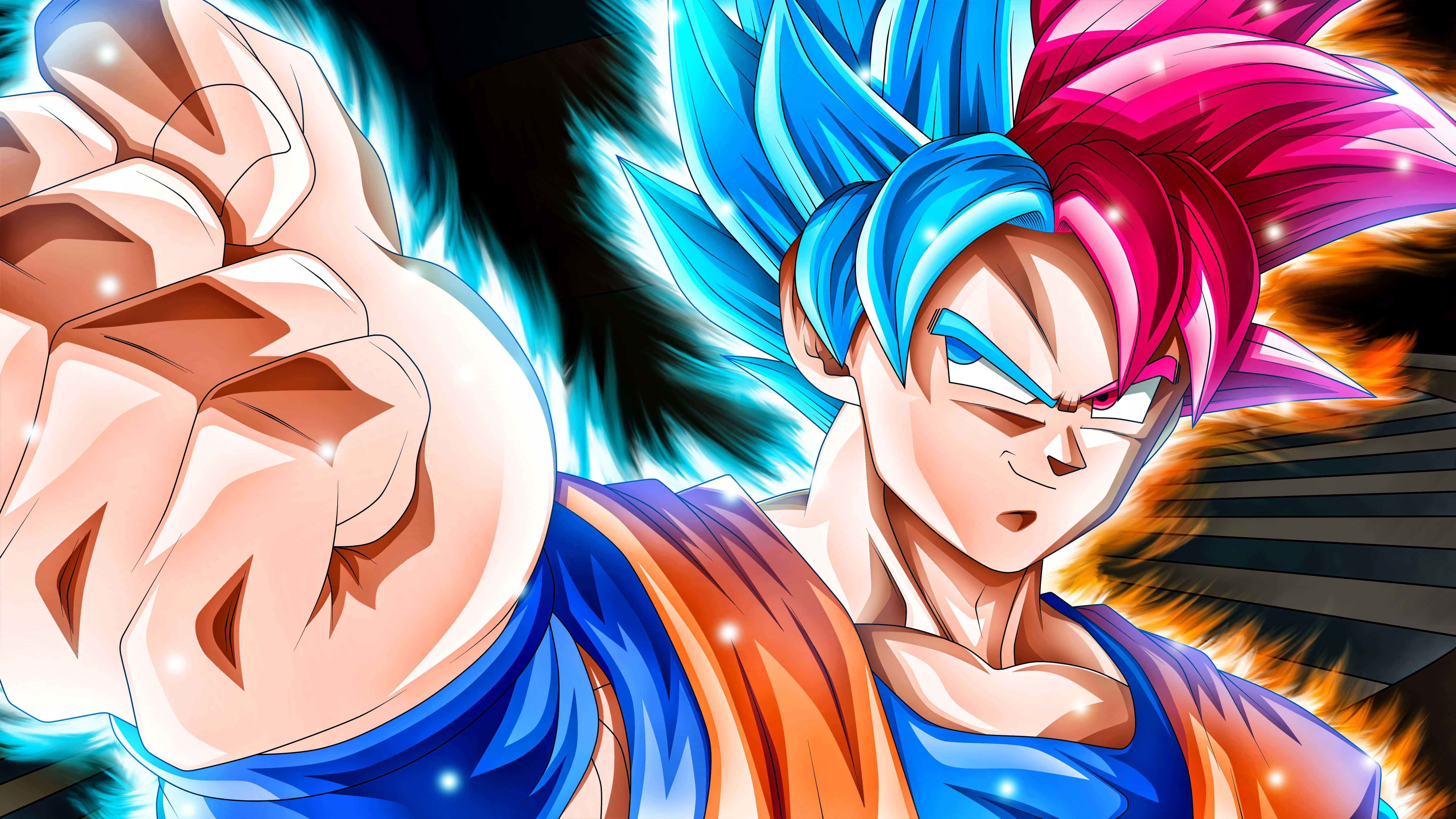 Super Saiyan Blue, blue and pink spiky hair, glowing energy aura, 5K Desktop Wallpaper