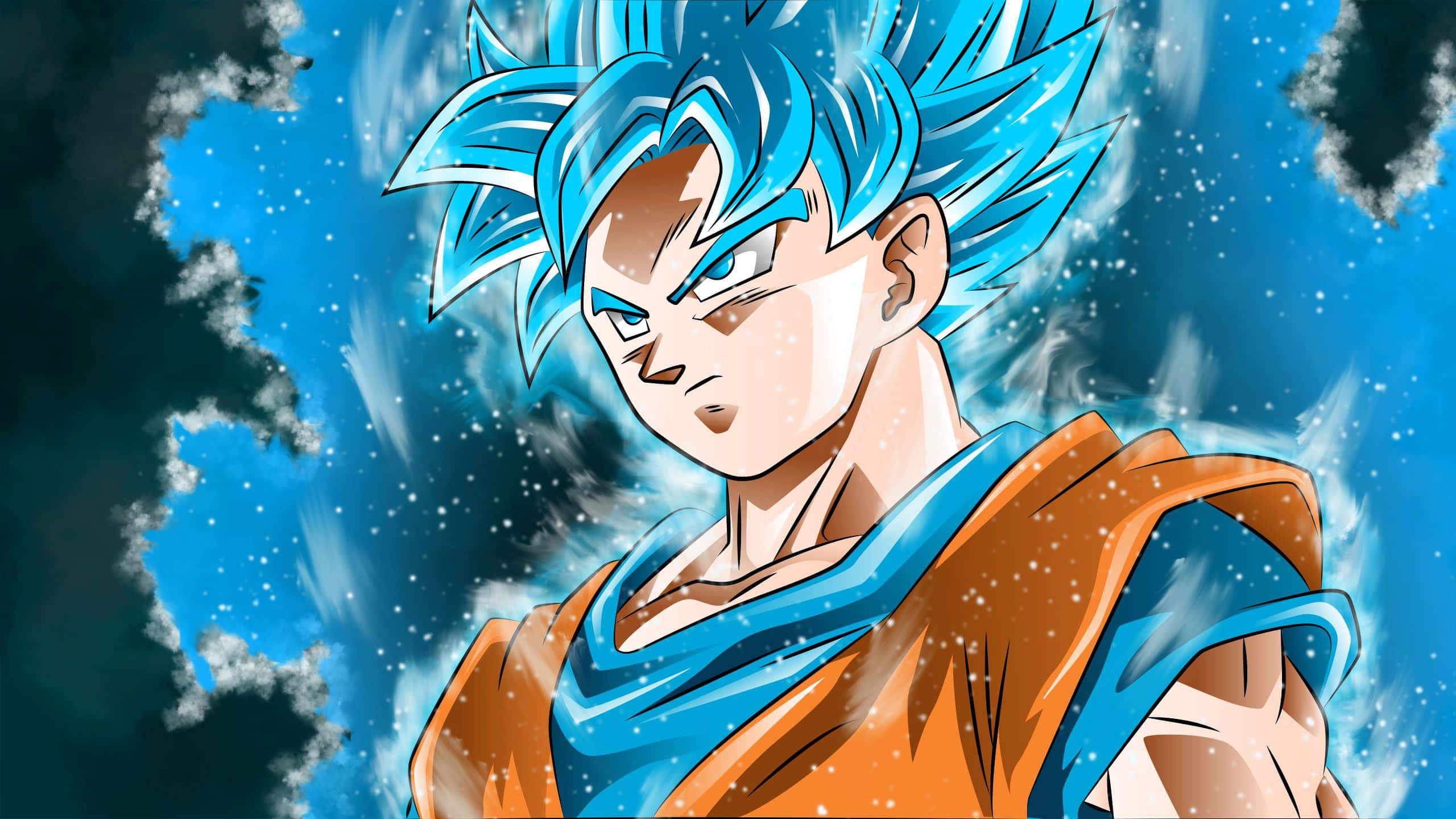 Super Saiyan Blue, blue-haired anime warrior, orange and blue gi, 2K Desktop Wallpaper