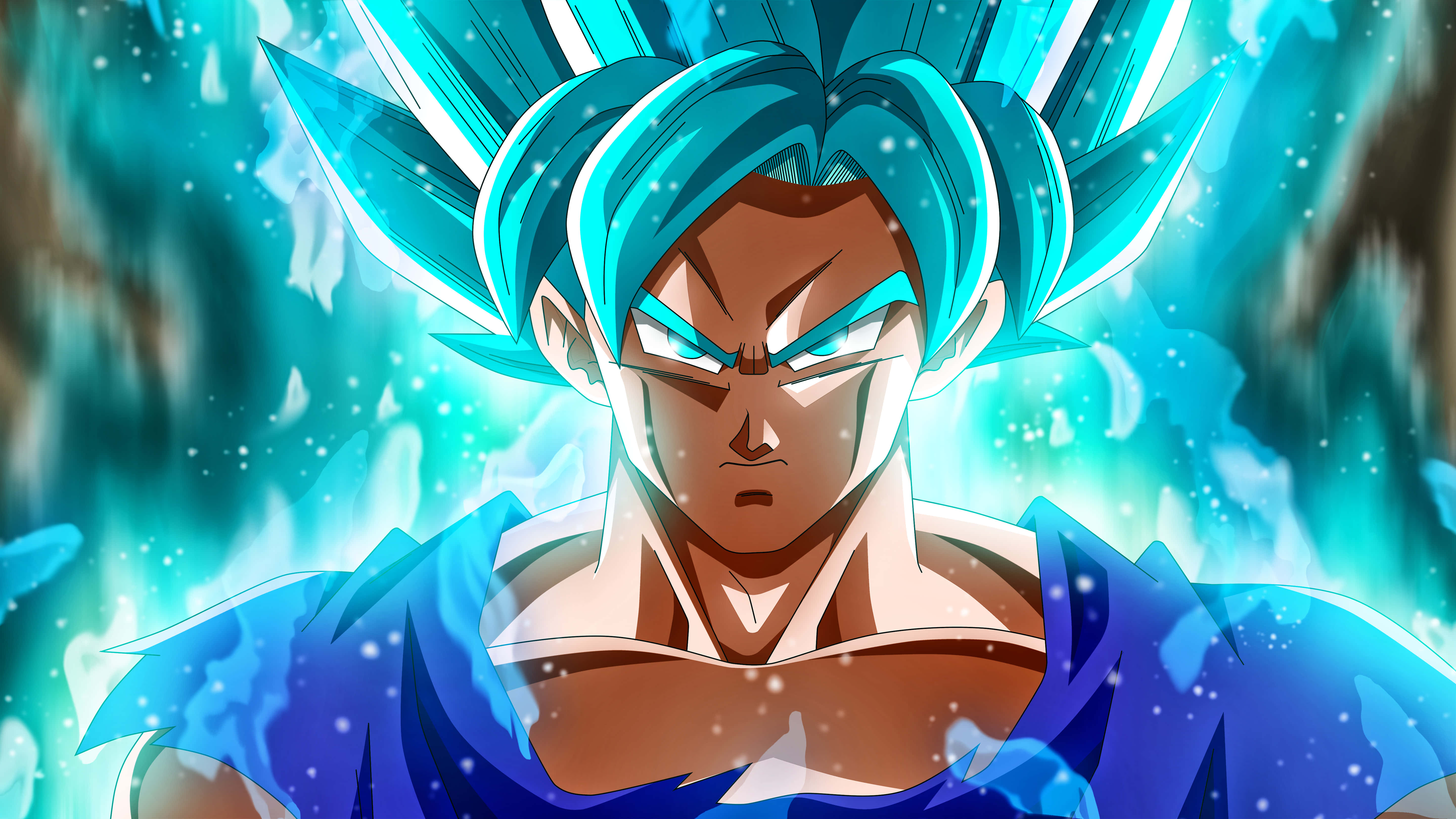 Super Saiyan Blue, spiky blue hair, glowing eyes, 5K Desktop Wallpaper