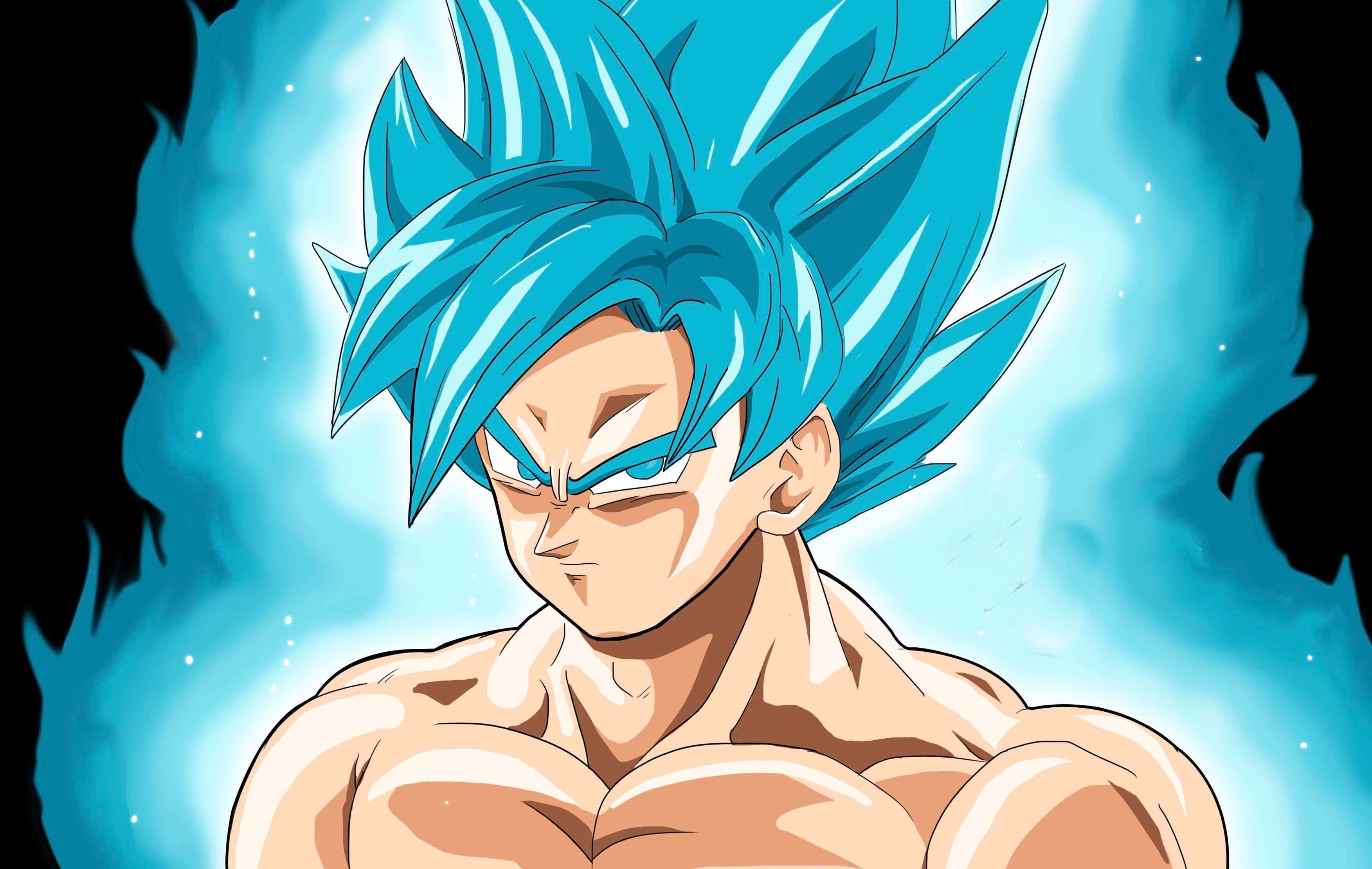 Super Saiyan Blue, spiky blue hair, glowing aura, 2K Desktop Wallpaper