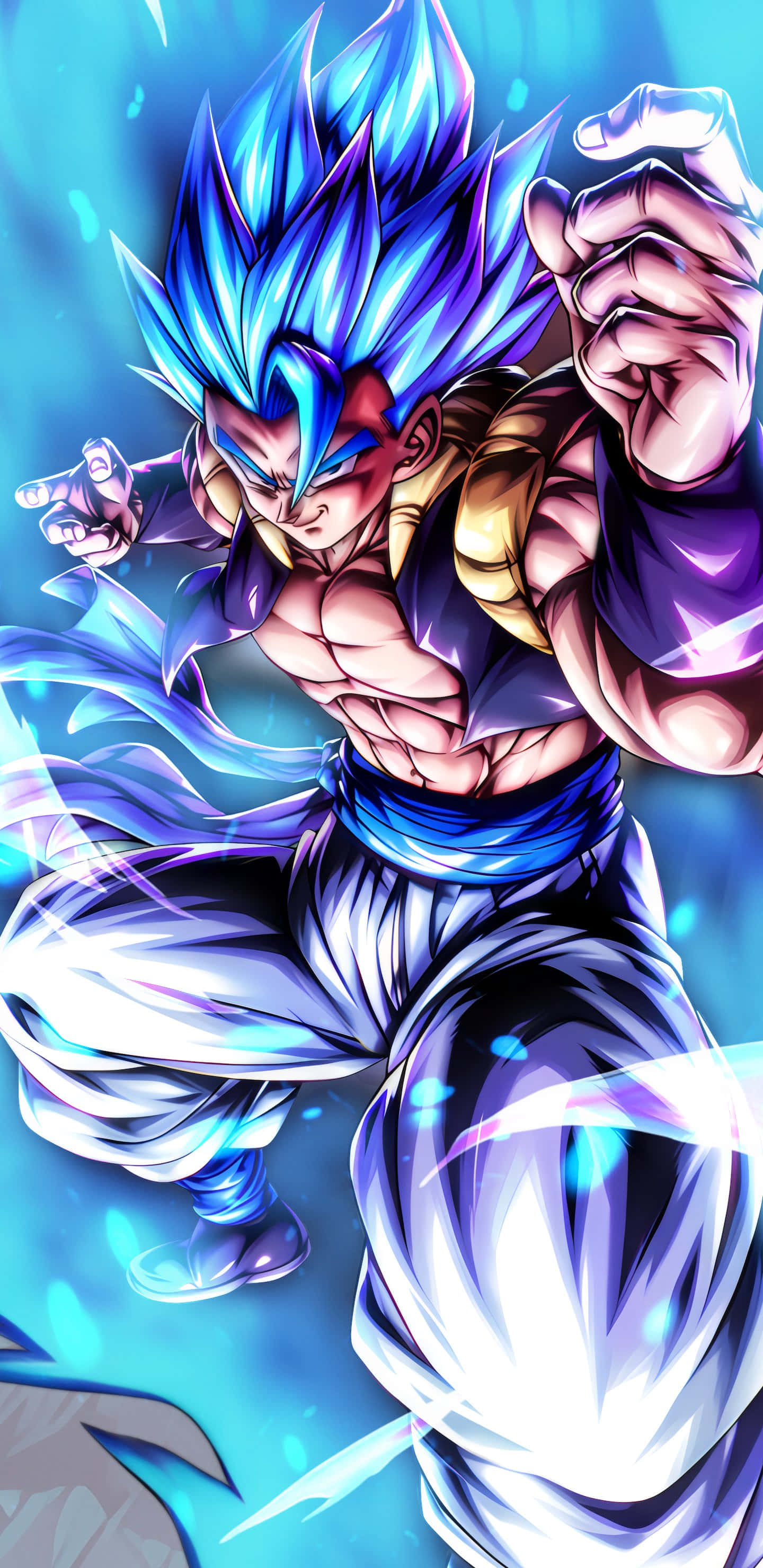 Blue Super Saiyan, spiky blue hair, glowing aura, 2K Phone Wallpaper