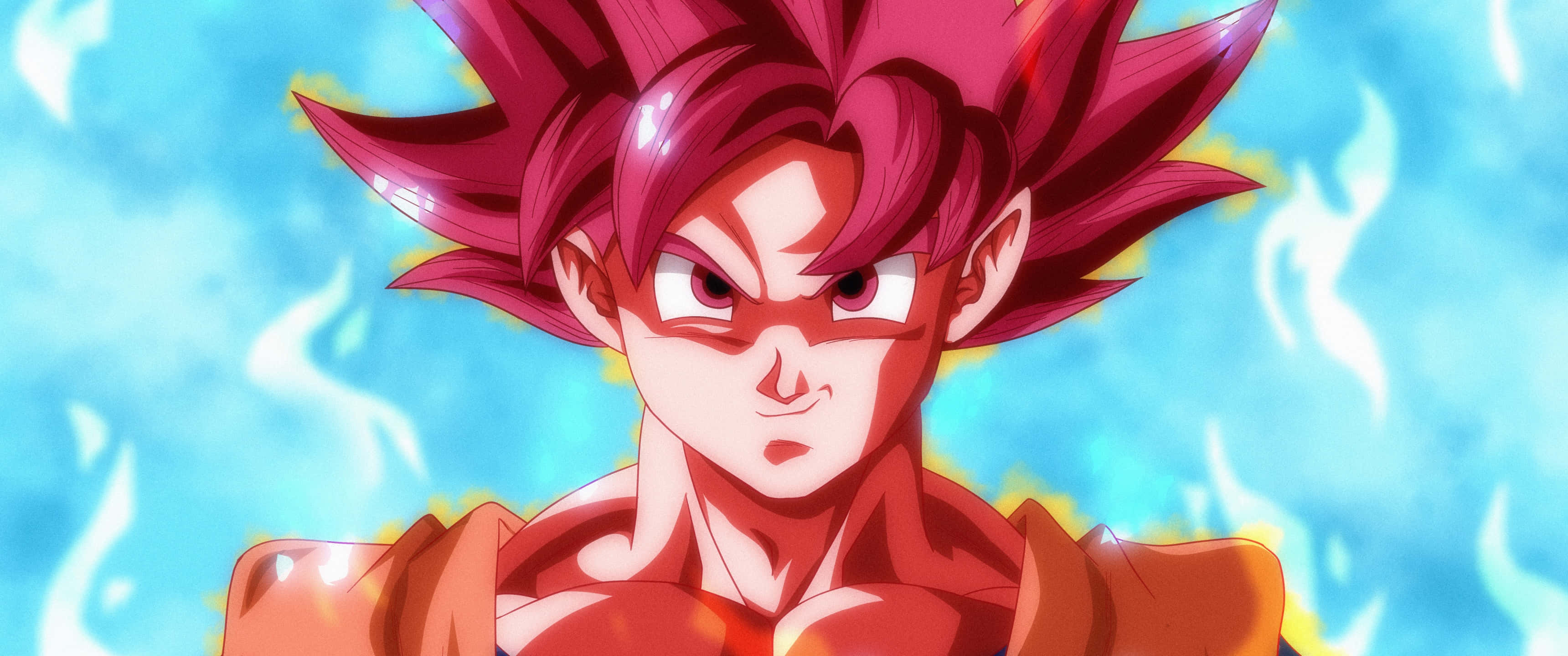 Super Saiyan God, spiky red hair, glowing aura, 2K Desktop Wallpaper