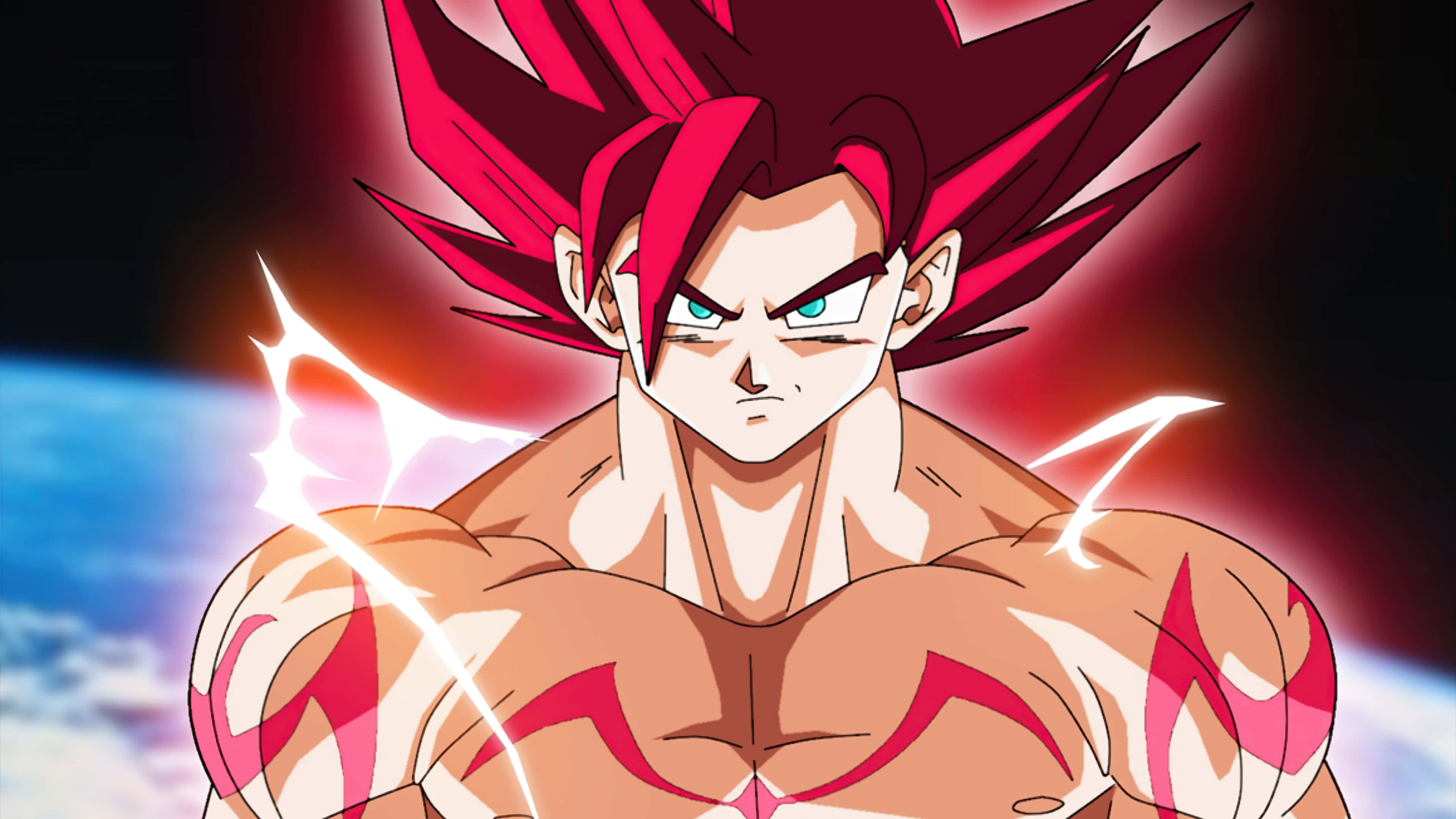 Super Saiyan God, spiky red hair, glowing eyes, 4K Desktop Wallpaper