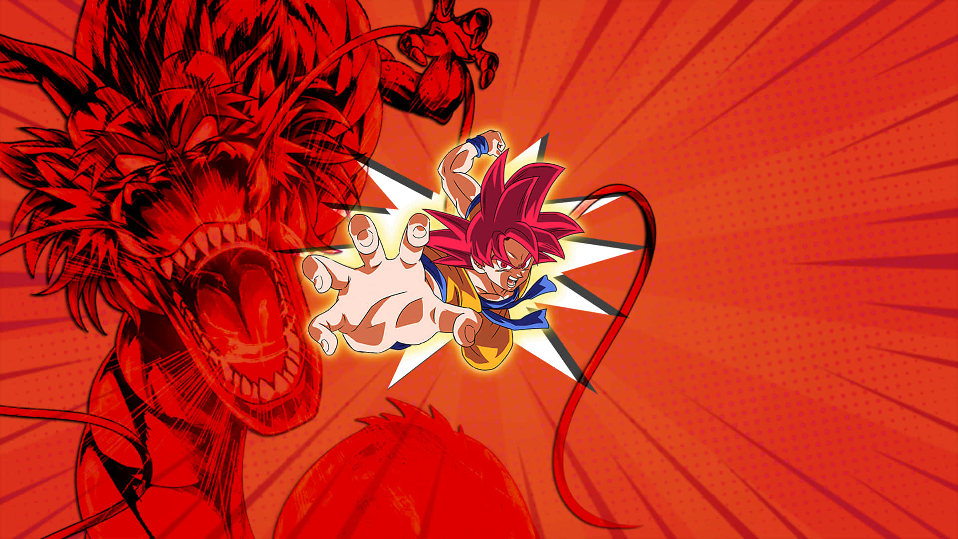 Super Saiyan God, red-haired anime warrior, roaring red dragon, Full HD Desktop Wallpaper