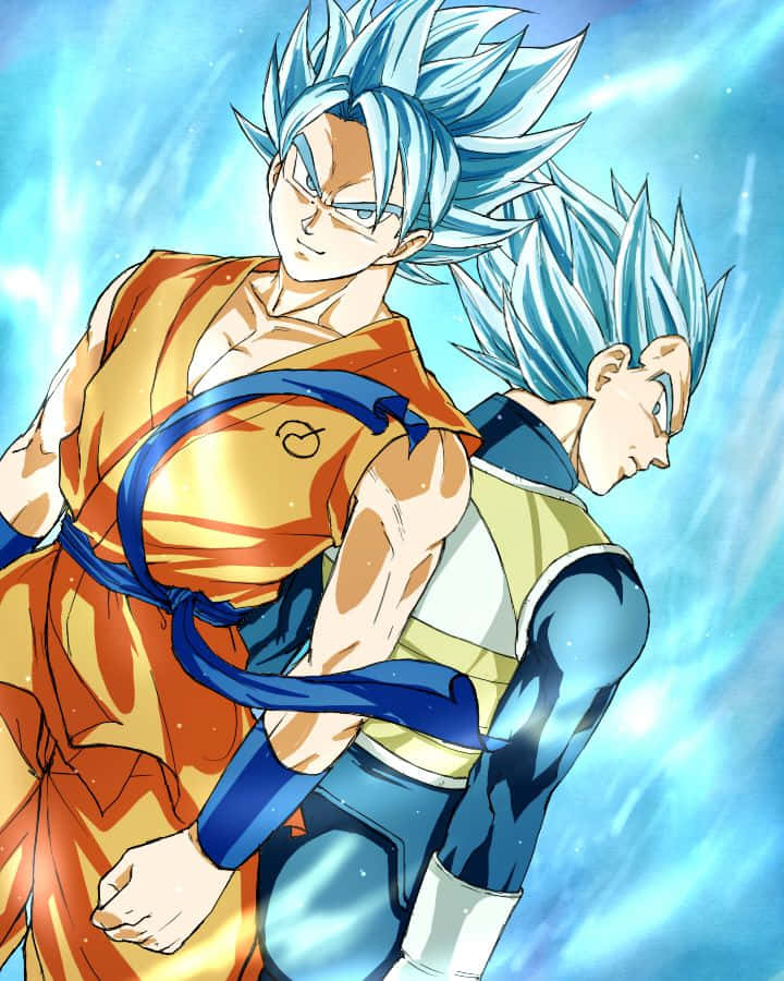 Super Saiyan God, blue-haired anime warriors, battle stances, SD Phone Wallpaper