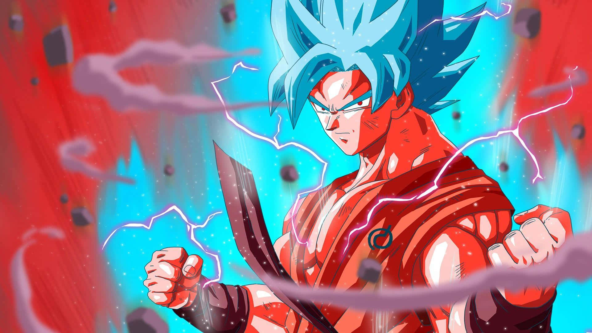 Super Saiyan, blue hair, red aura, Full HD Desktop Wallpaper