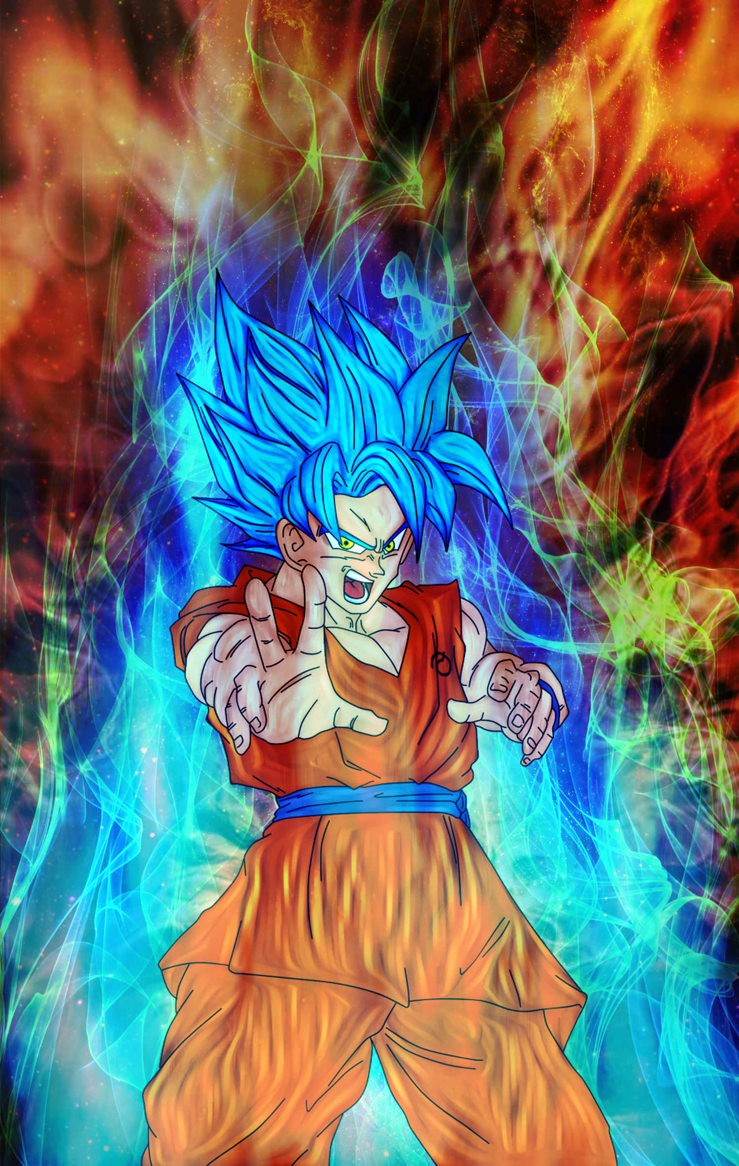 Super Saiyan God, blue-haired anime warrior, orange gi, Full HD Phone Wallpaper